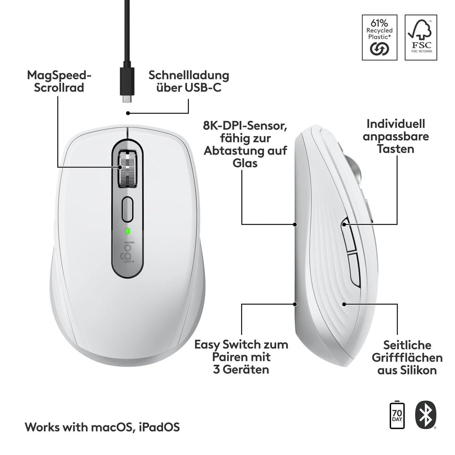 Logitech MX Anywhere 3S for Mac, compact wireless Bluetooth mouse, 8K DPI scanning on any surface, flip folio, keyboard case for iPad Pro 13 inch (M4) iPad Air 13 inch (M2 and M3), DEU QWERTZ - 910-006929