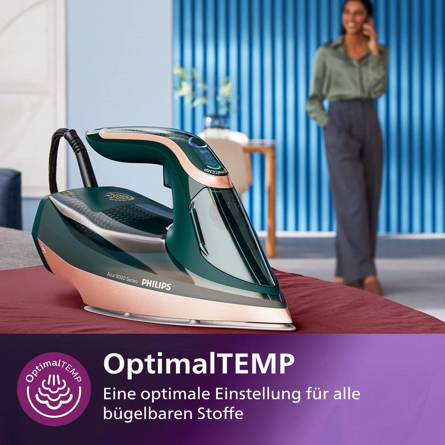 Philips Azur 8000 Series Steam Iron - 70 g/min continuous steam, 240 g turbo steam boost, 3000 W power, OptimalTEMP technology, Green Opal (DST8030/70) - AZ8000-70