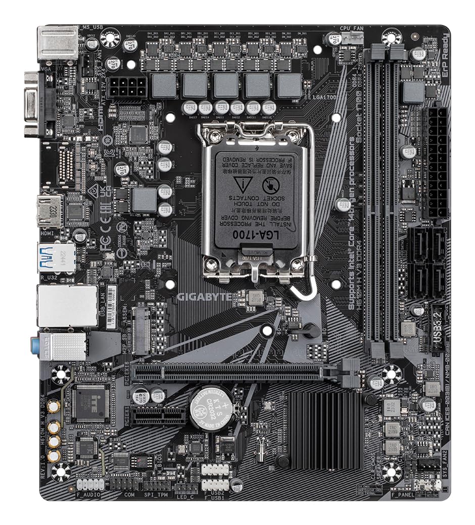 GIGABYTE H610M H V3 DDR4 Mainboard - Supports Intel Core processors 14th CPUs, 4+1+1 Hybrid Phases Digital VRM, up to 3200MHz DDR4, 1xPCIe 3.0 M.2, GbE LAN, USB 3.2 Gen 1
