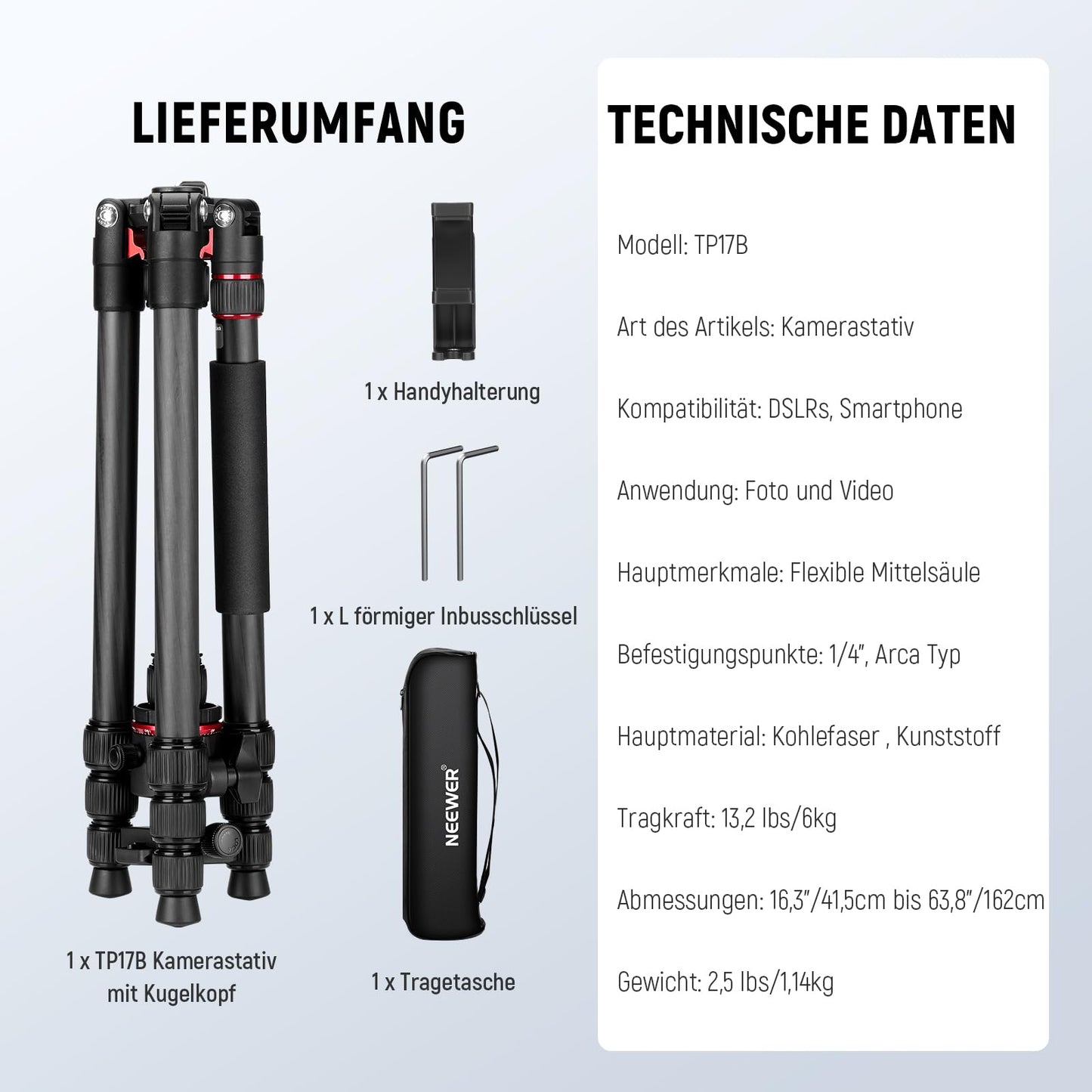 NEEWER Basics Carbon Fiber Travel Tripod Monopod, 64" Compact Lightweight Portable Cell Phone Camera Tripod Compatible with iPhone Video Recording, Arca Ball Head, Maximum Load 13.2 lbs, TP17B
