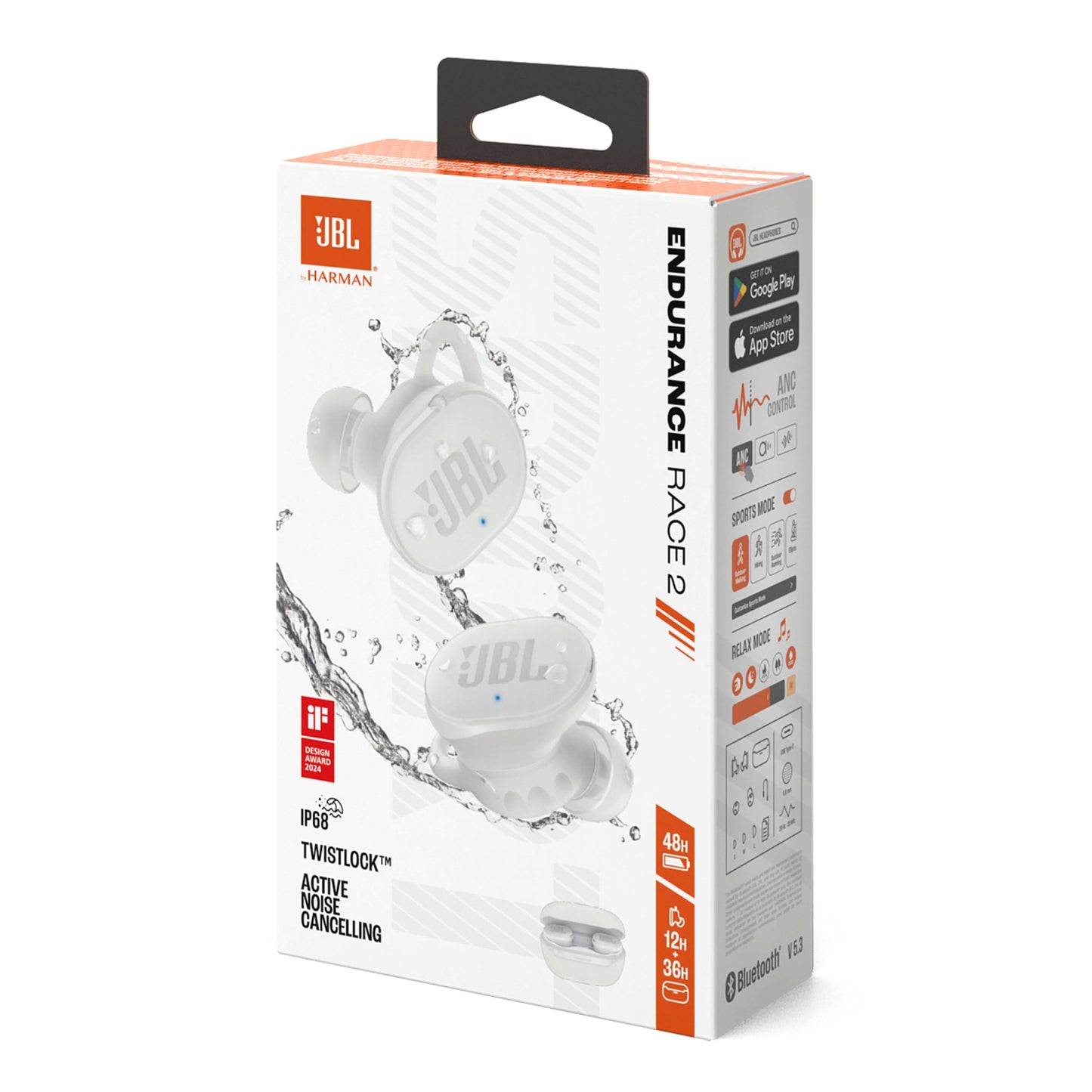 JBL Endurance Race 2, true wireless Bluetooth in-ear headphones, 48 h battery life, IP68 dust and waterproof, noise canceling, JBL Pure Bass Sound, smart ambient technology, sport mode, white - JBLENDURACE2WHT