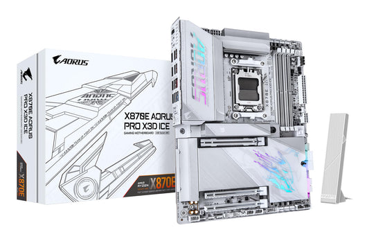Placa de bază GIGABYTE X870E AORUS PRO X3D Ice – Suportă procesoarele AMD Ryzen 9000, VRM digital 18+2+2 faze, până la 9000 Hz DDR5 (OC), 2 x PCIe 5.0 + 2 x PCIe 4.0, Wi-Fi 7, 5 GbE LAN, USB 4