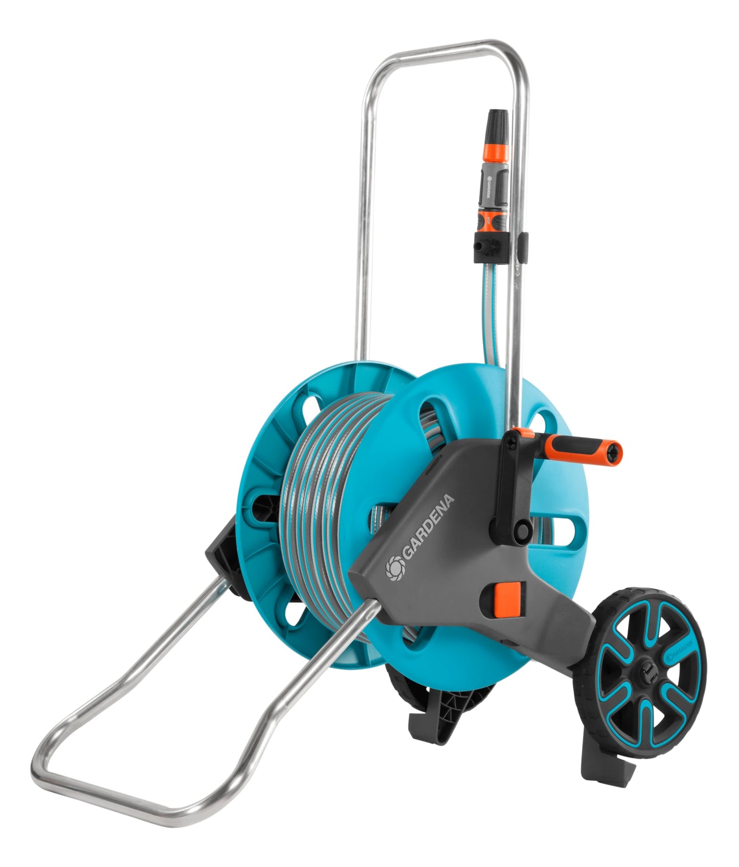 Gardena CleverRoll M Set: Hose trolley with 20 m classic hose and syringe and clip attachment for storage, drip stop, freely selectable crank side (18513-88) - 18513-20