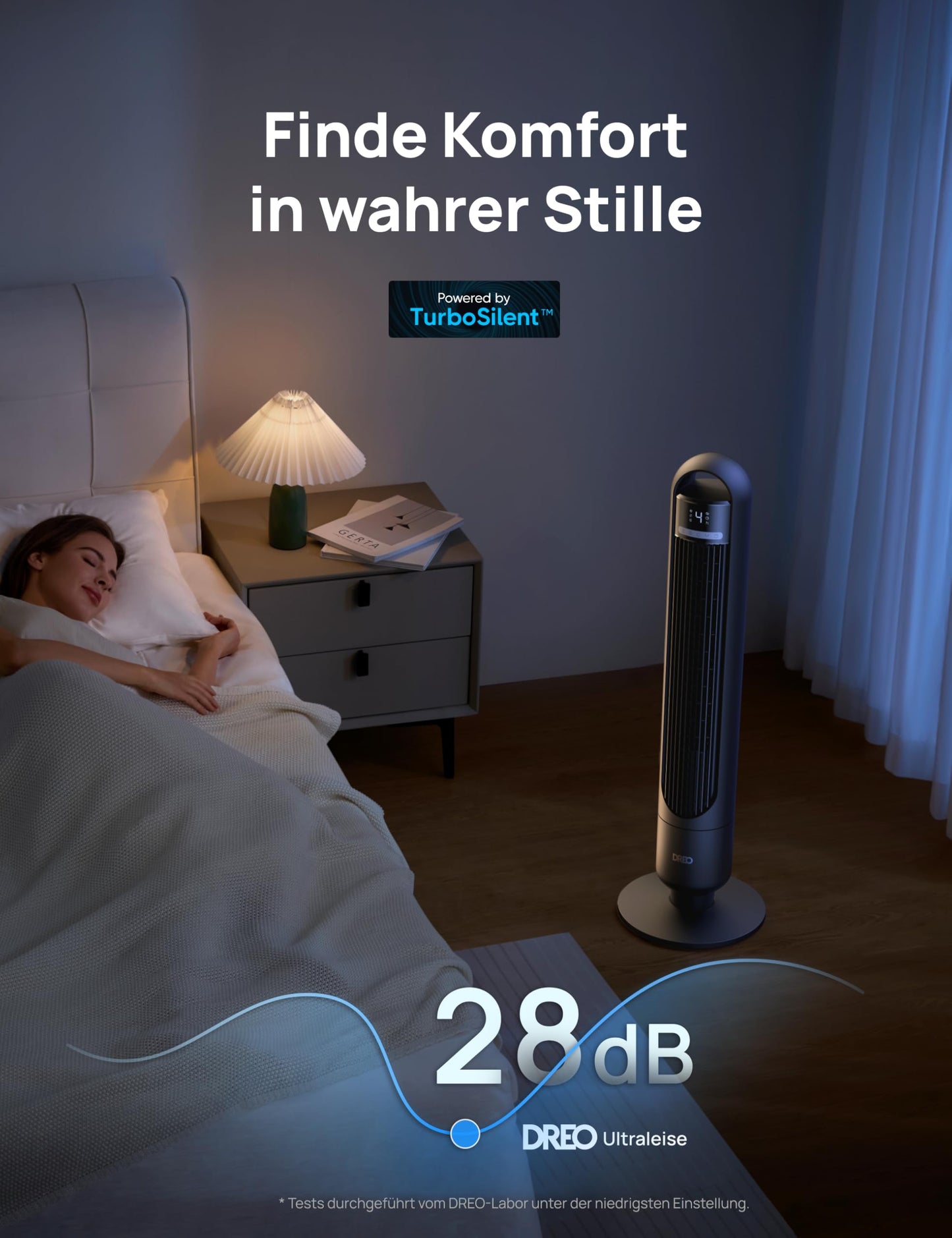 DREO Smart tower fan for the bedroom, quiet pedestal fan with 28 dB, air range up to 8.8 m, 4 levels & 3 modes, 8 hour timer, app, Alexa & Google, 90° oscillation, for home/office - DR-HTF017S