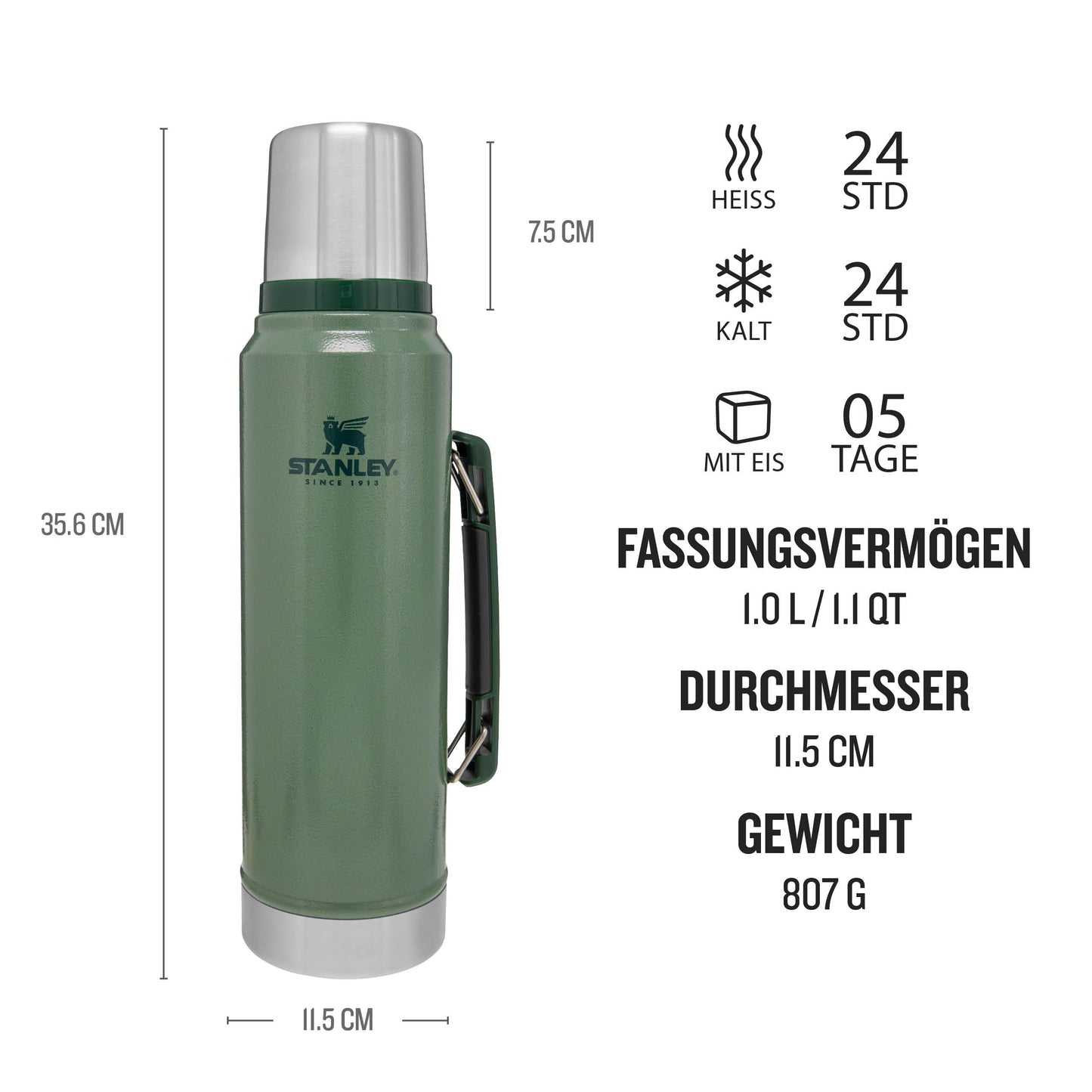 Stanley 1913 Classic Legendary Thermos Bottle 1L - Thermos Keeps Hot or Cold for 24 Hours - Stainless Steel Thermos Flask - BPA Free - Dishwasher Safe - Hammertone Green - 10-08266-001