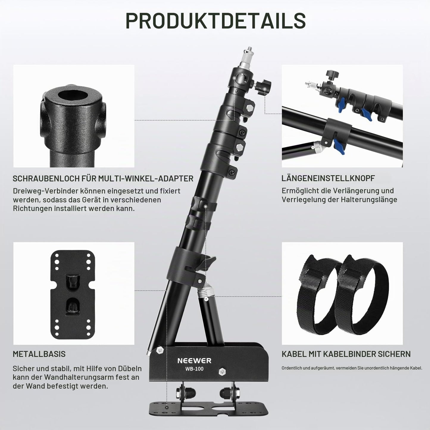 NEEWER Ring Light Wall Mount Boom Arm, 22"-46"/55-116 cm - 10104462