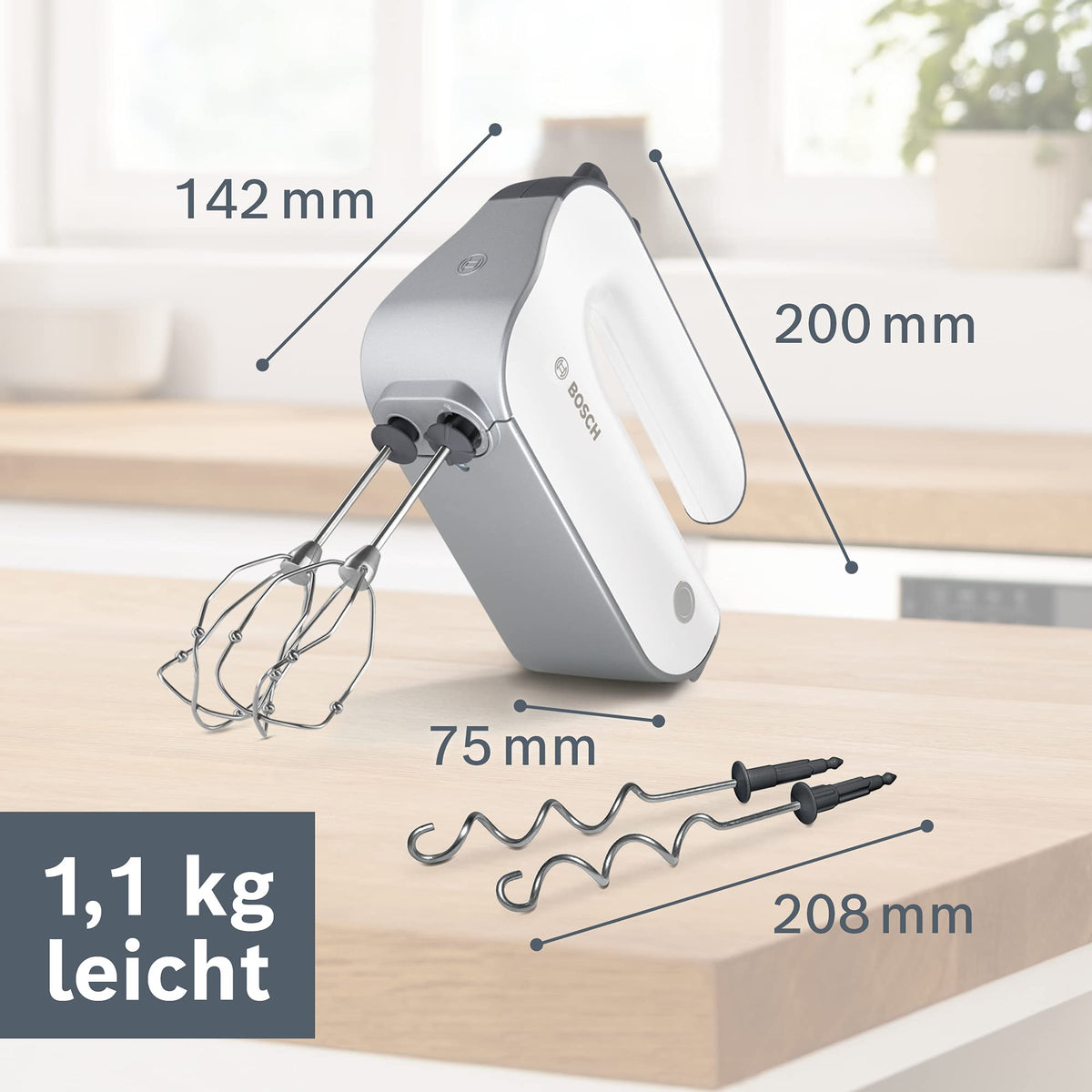Bosch Hand Mixer Styline MFQ4835DE, 2x2 Whisks, 2 Stainless Steel Dough Hooks, Dishwasher Safe, 575 W, White