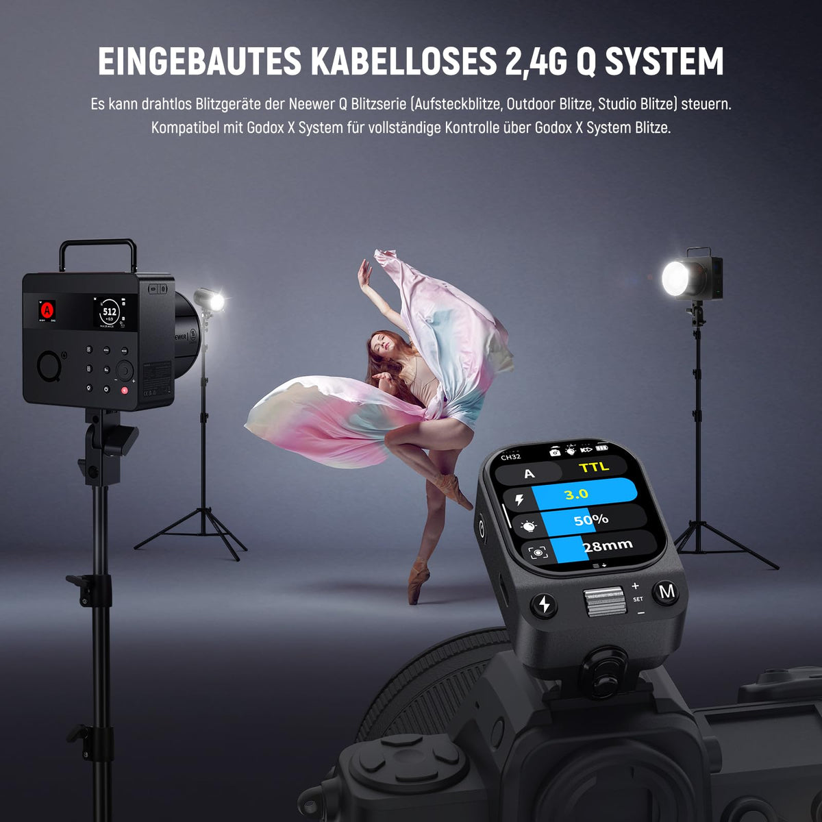 NEEWER QZ-N 2,4G TTL Trigger pentru blitz compatibil cu camerele Nikon Z9, Z8, Z6II, Z7II, Z5, Z50. Godox IT32, V1, V100, AD200 Pro II, cu ecran tactil, 1/8000s HSS, acumulator de 1000mAh și comutator cm.