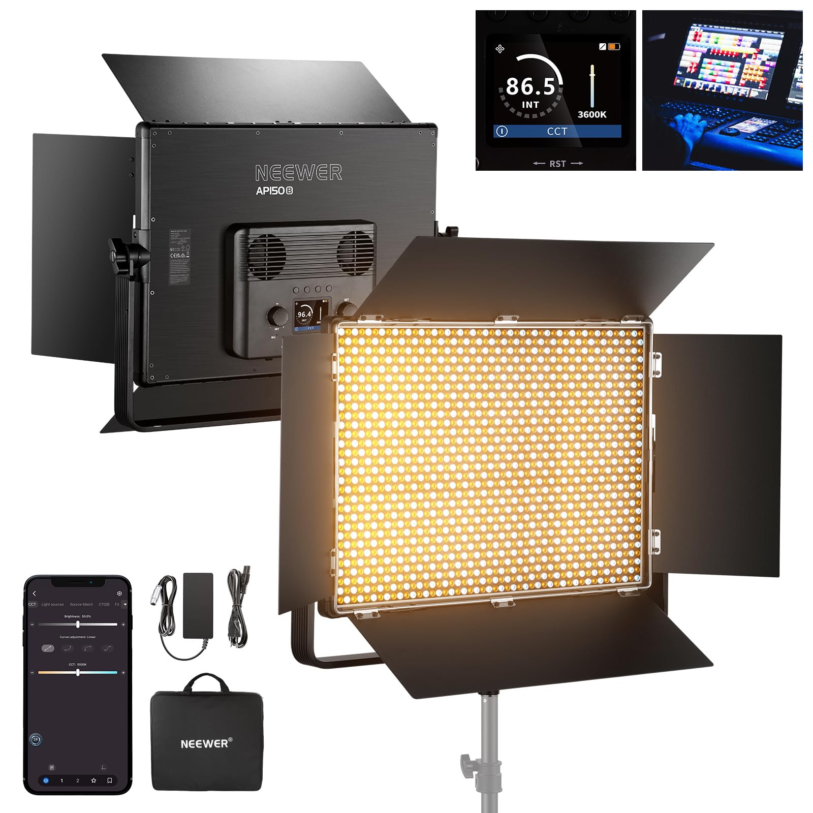 NEEWER 150W two-color LED panel video light set 1440 LEDs 49500 Lux at 0.5m 2500K - 8500K CRI96+/TLCI97+ 0 - 100% dimming function APP/2.4G/Panel/DMX control for professional studio photography AP150B - 10105660