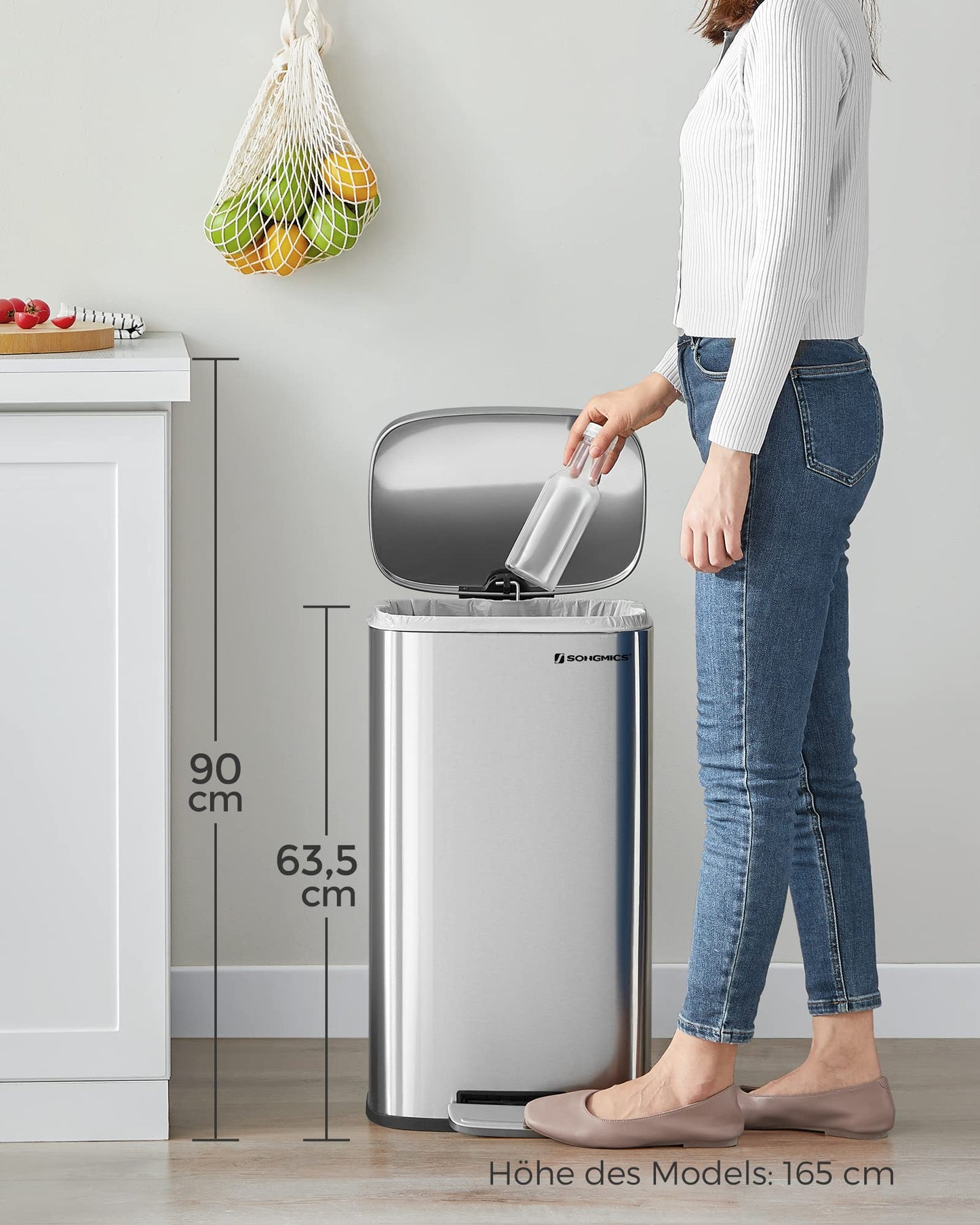 SONGMICS kitchen rubbish bin, 30 liters, waste bin, pedal bin, with lid, soft close, foot pedal, steel, inner bin, silver LTB03NL