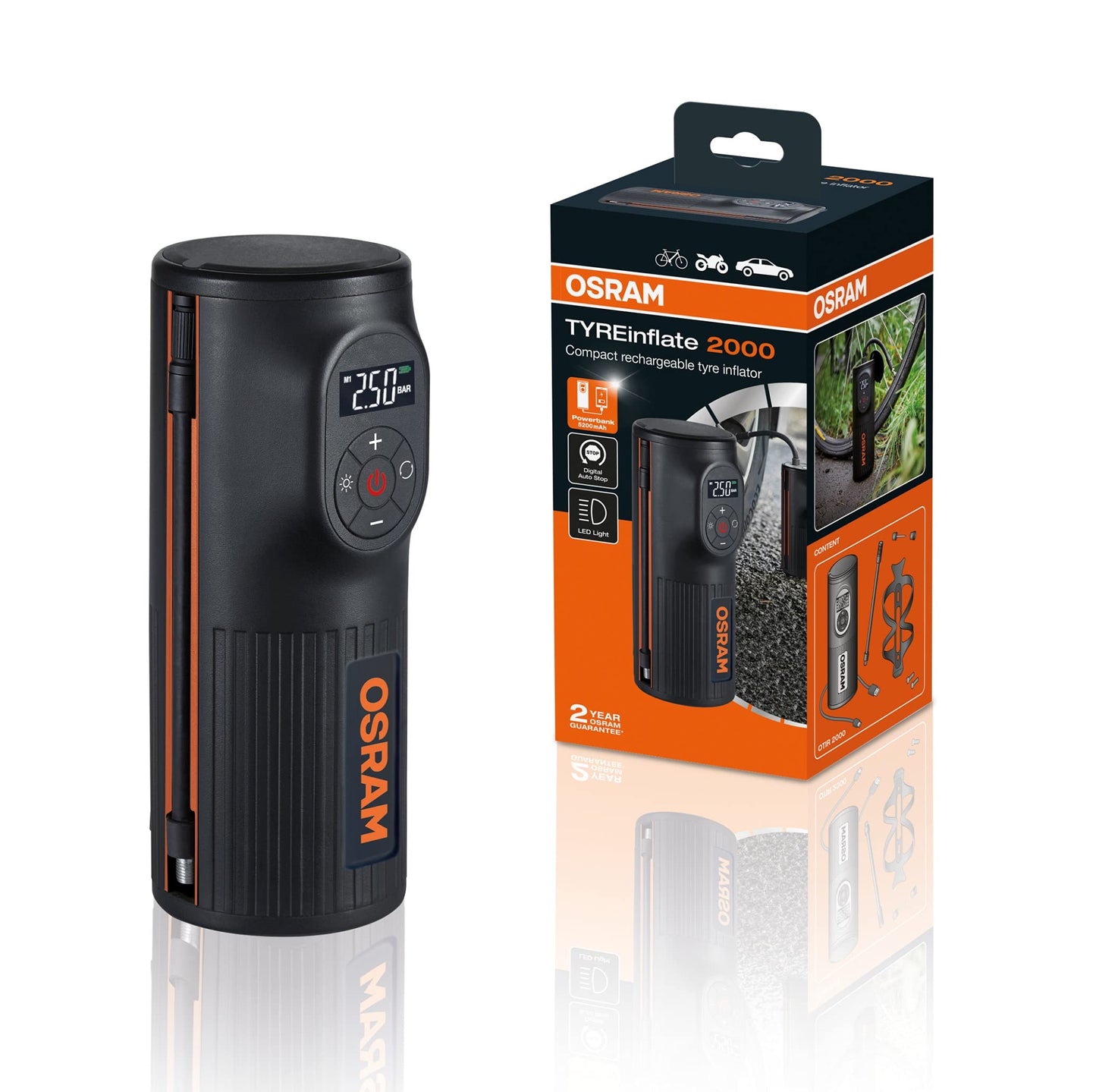 OSRAM TYREinflate 2000, compact rechargeable tire pump with LED light, portable compressor for tires, power connection via USB, tire filling in 2 minutes - OTIR2000