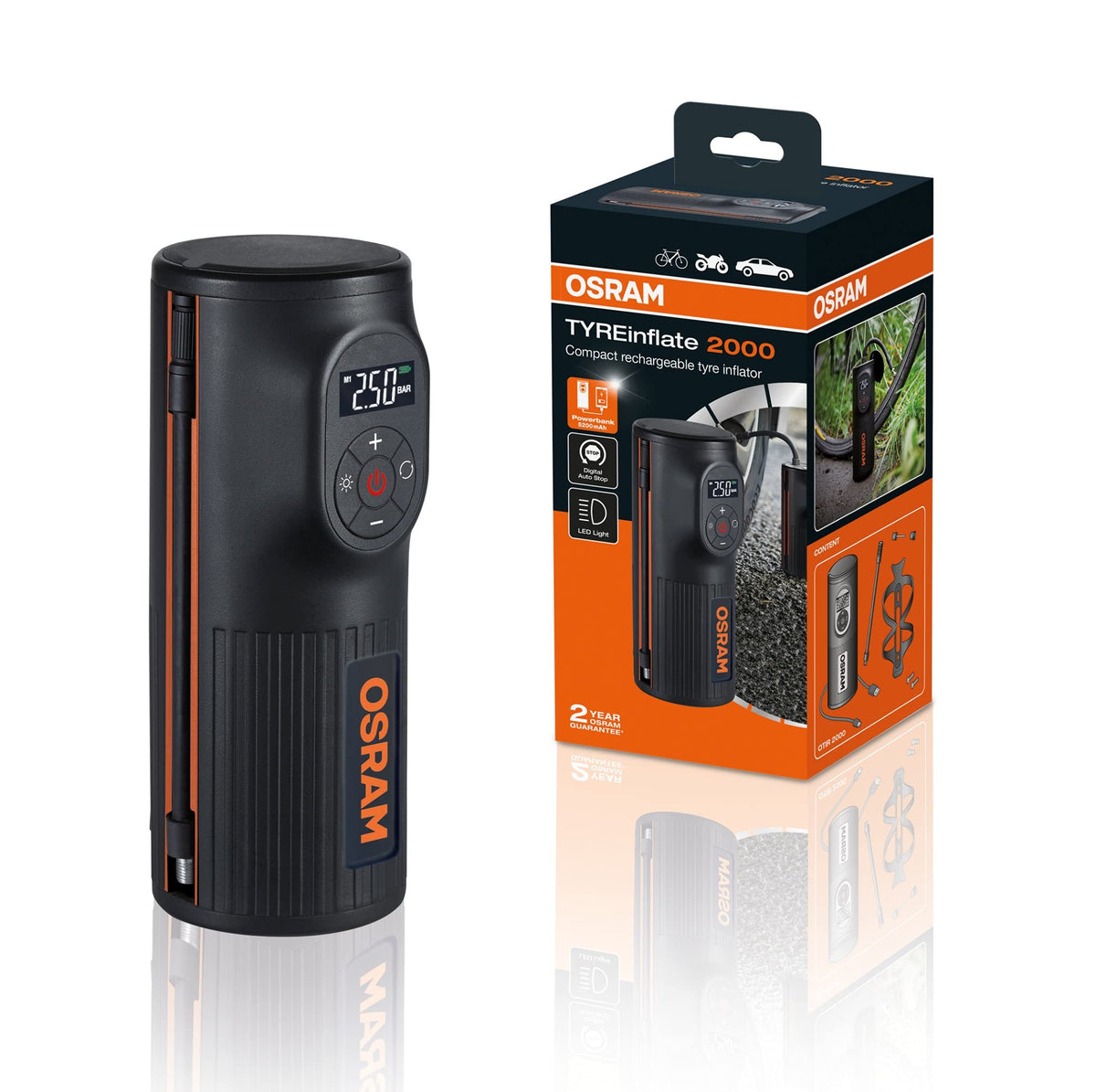OSRAM TYREinflate 2000, compact rechargeable tire pump with LED light, portable compressor for tires, power connection via USB, tire filling in 2 minutes - OTIR2000