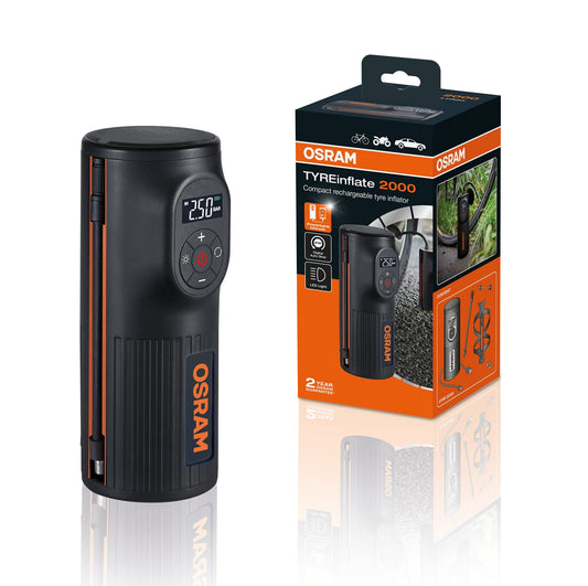 OSRAM TYREinflate 2000, compact rechargeable tire pump with LED light, portable compressor for tires, power connection via USB, tire filling in 2 minutes - OTIR2000