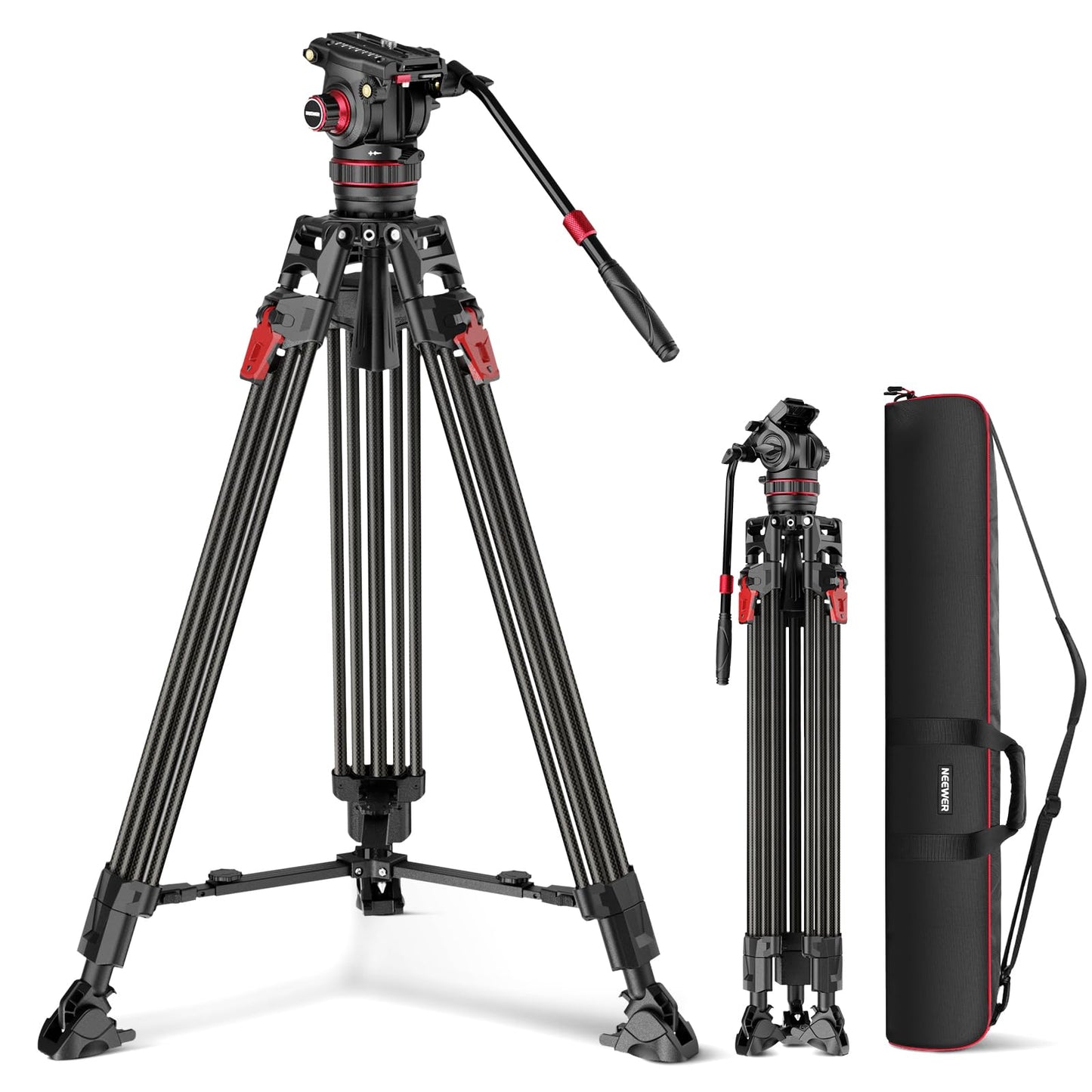 NEEWER 78" Carbon Fiber Video Camera Tripod, Damping Adjustable Fluid Head One Step Quick Release with QR Plate and Handle Robust Tripod for DSLR Camera and Camcorder Max Load Capacity 10kg LL37