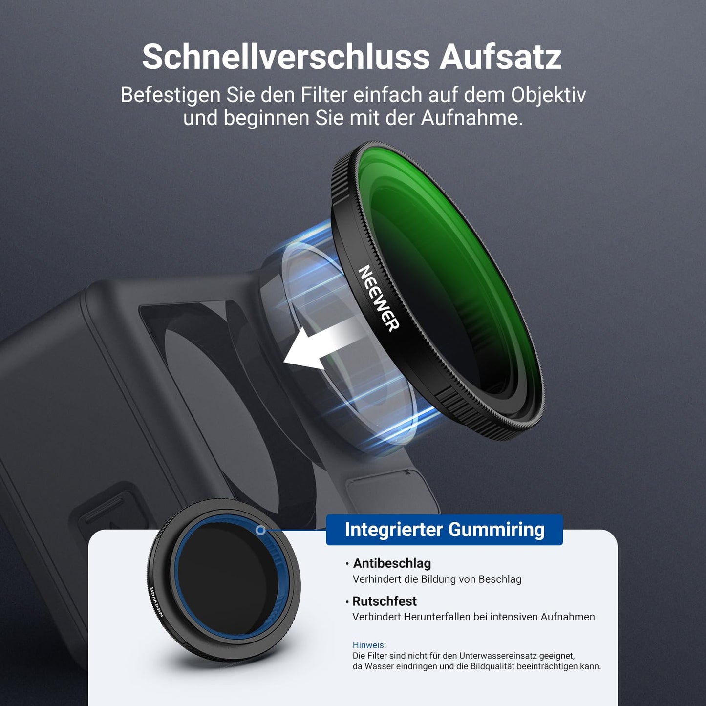 NEEWER Variable ND filter compatible with DJI Osmo Action 5 Pro/4/3, ND2-32, 1-5 Stop, Snap On, multi-coated HD optical glass, gray filter, action cam lens filter, photography accessories - 10107500