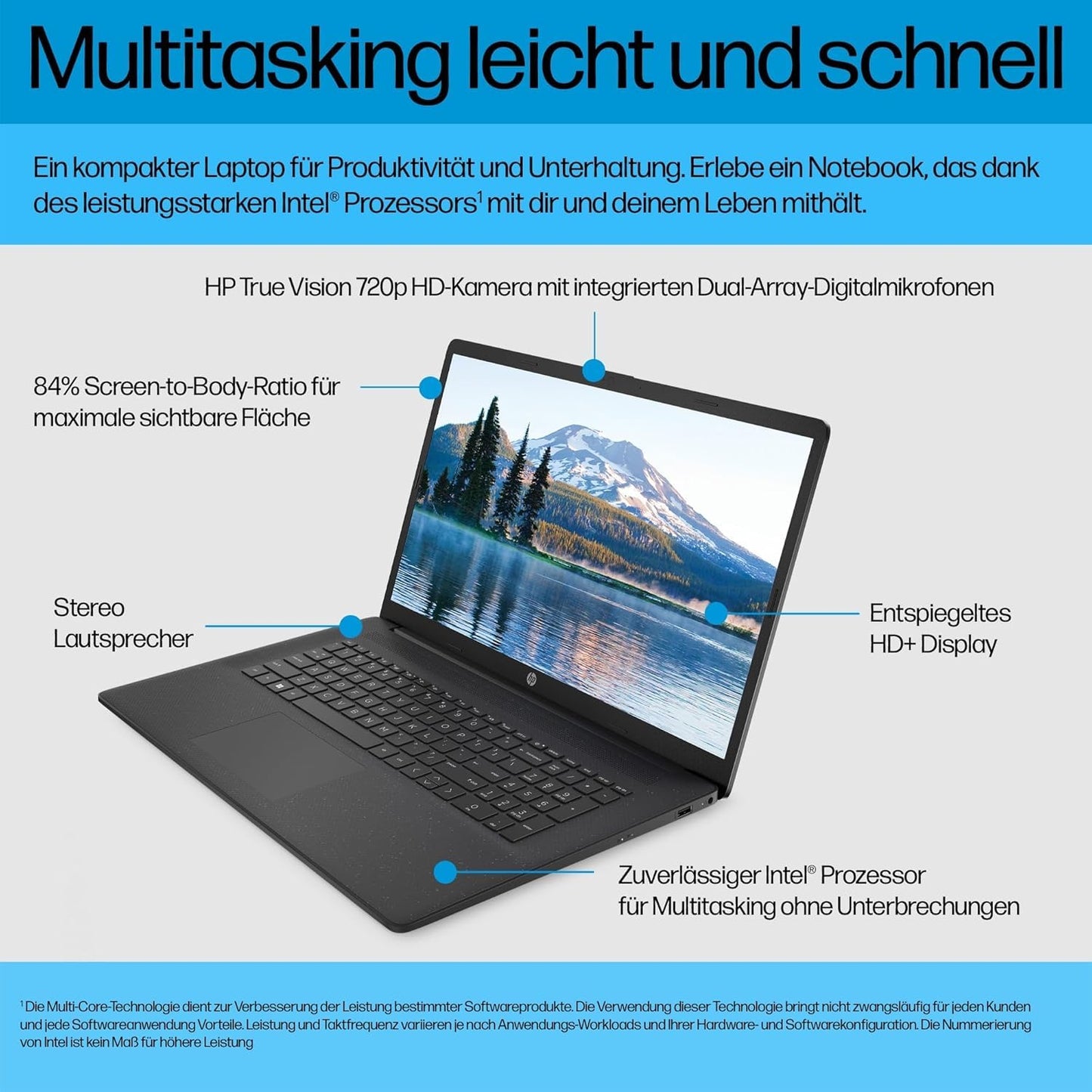 HP laptop with 17.3" HD+ display, Intel Celeron N4120, 8 GB DDR4 RAM, 256 GB SSD, Intel UHD graphics, Windows 11, QWERTZ keyboard, black - BZ8S4EA#ABD