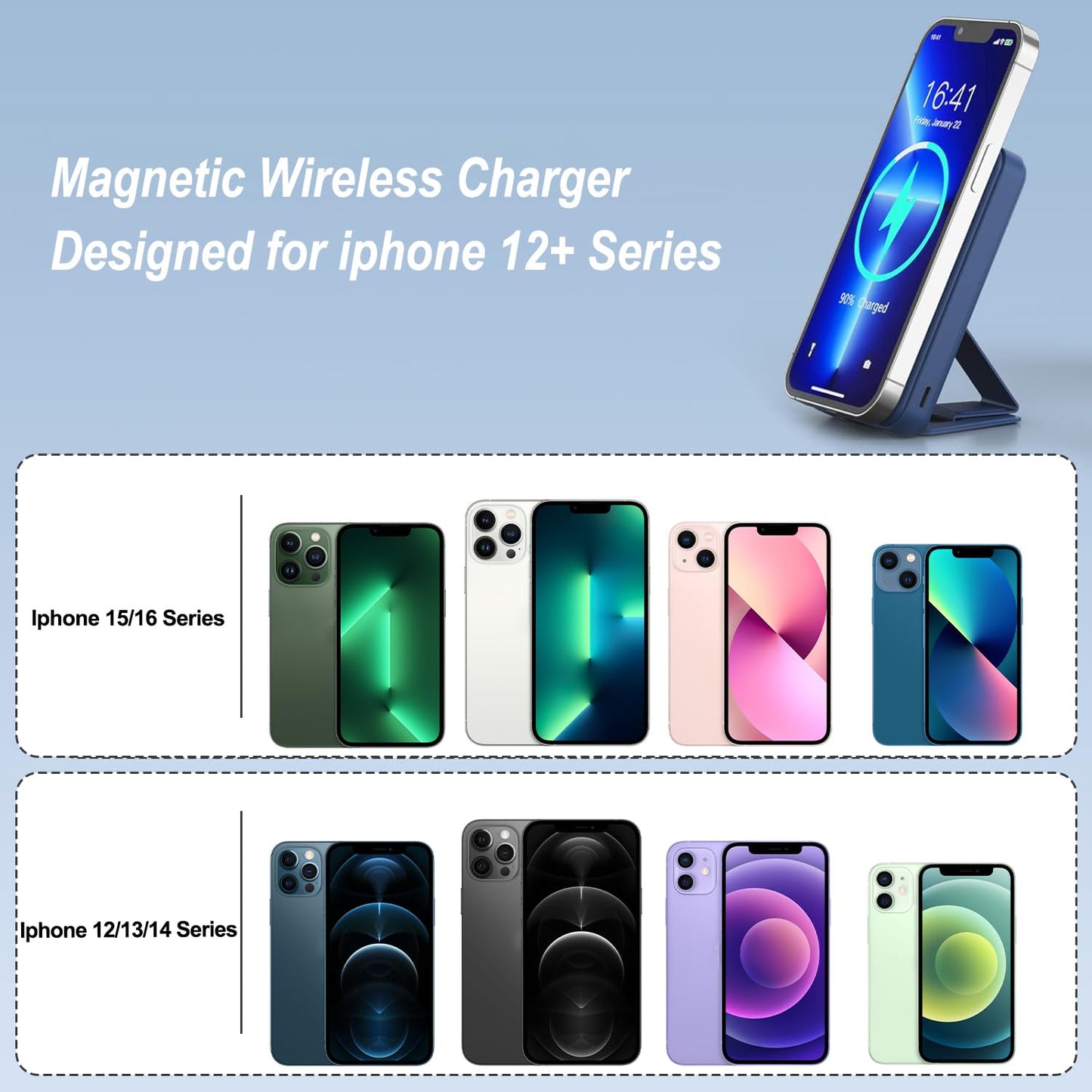AOGUERBE Wireless Power Bank, 10,000mAh Foldable Magnetic Power Bank PD 22.5W Fast Charging with LED Display, Compatible with MagSafe for iPhone 17/16/15/14/13/12/Pro/Pro Max Series. (navy blue) - KT-D009