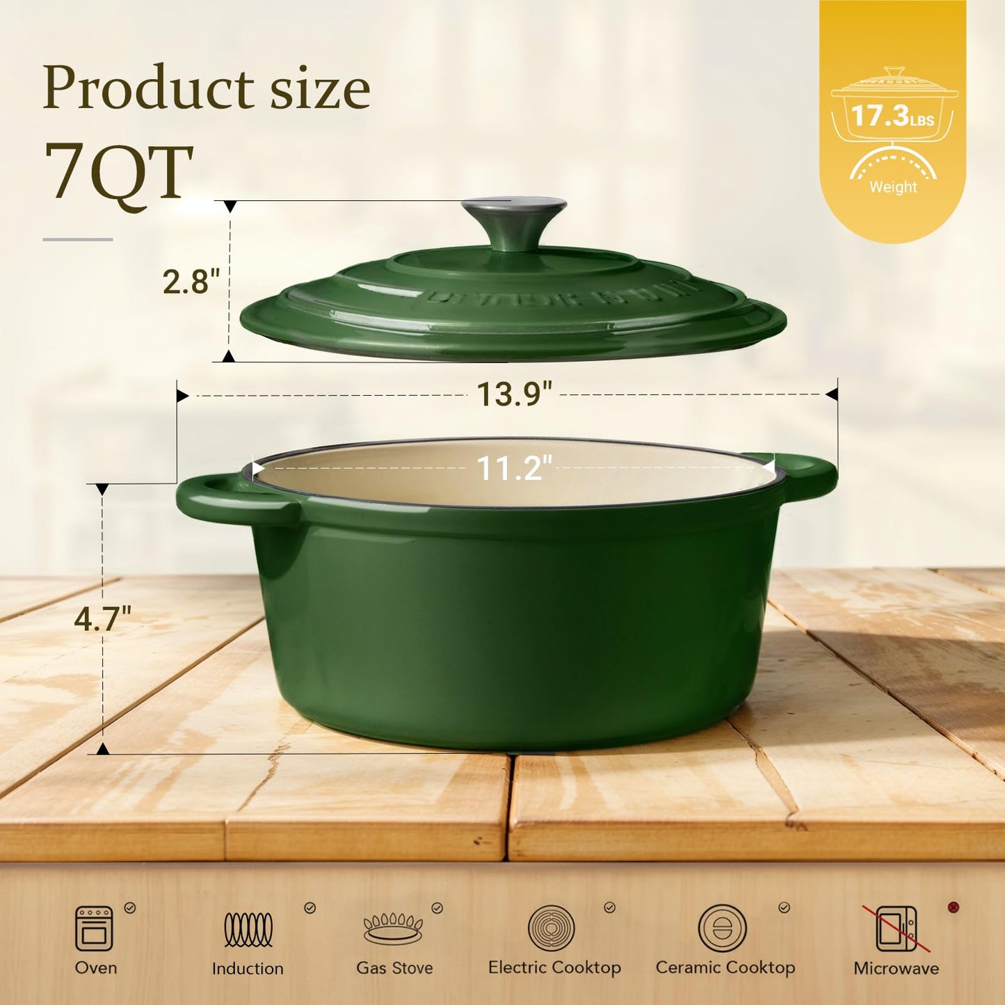 Overmont roasting pan enamel cast iron pot - casserole 28cm oven-safe - with lid and cookbook - for kitchen baking stewing roasting light green - 28CM-Enamel-Highlighter