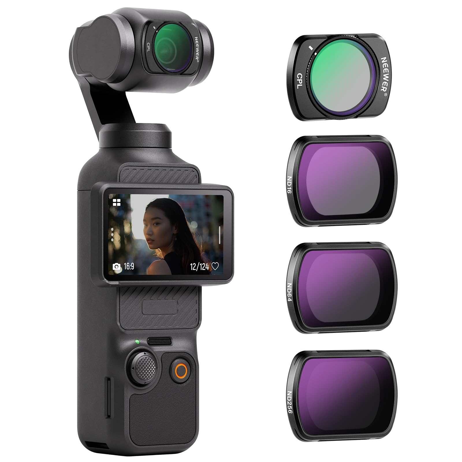 NEEWER HD CPL ND16 ND64 ND256 filter set compatible with DJI Osmo Pocket 3 / Pocket 4 / Xtra Muse, magnetic gimbal action camera accessory set with neutral density and polarization filters - FL-P5