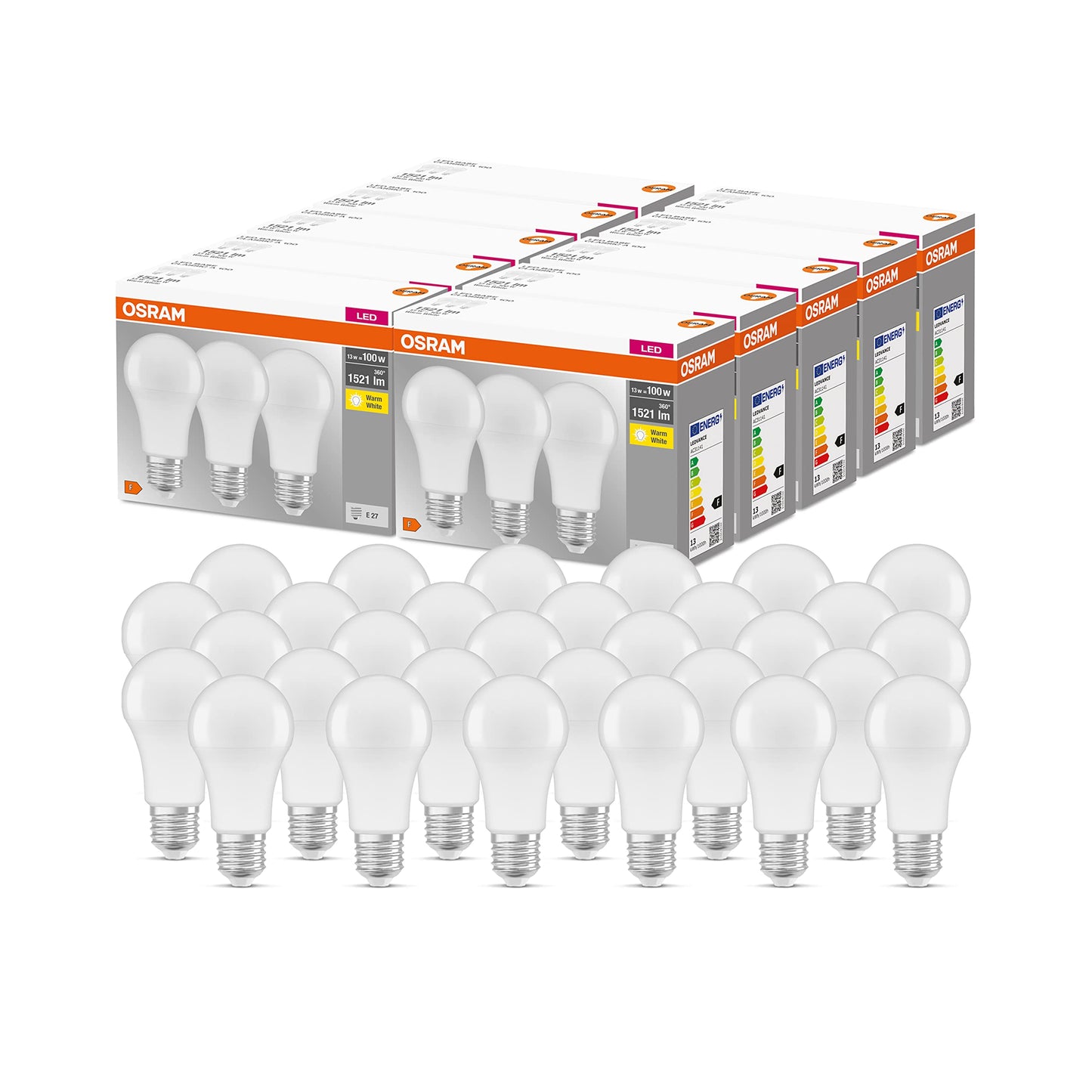 Osram LED Base Classic A, in bulb shape with E27 base, not dimmable, replaces 100 watts, matt, warm white - 2700 Kelvin, 10 x pack of 3 - 4058075819429