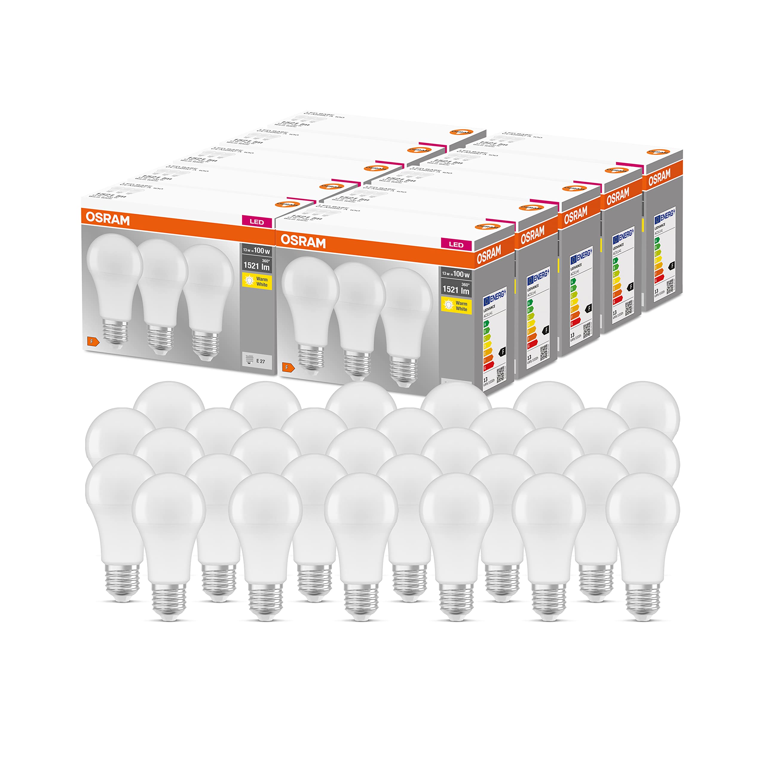 Osram LED Base Classic A, in bulb shape with E27 base, not dimmable, replaces 100 watts, matt, warm white - 2700 Kelvin, 10 x pack of 3 - 4058075819429