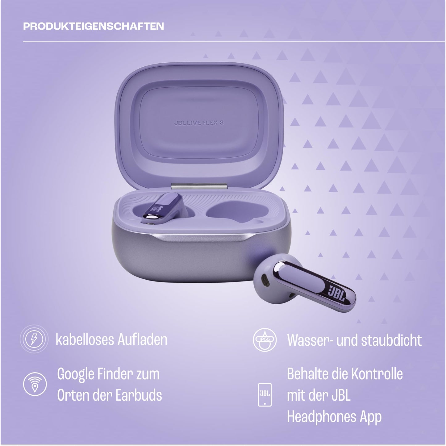 JBL Live Flex 3, wireless earbud headphones with Bluetooth, 50 hours of battery life, True Adaptive Noise Canceling and high-resolution JBL Signature Sound, IP54 waterproof, with earplugs, purple - JBLLIVEFLEX3PUR