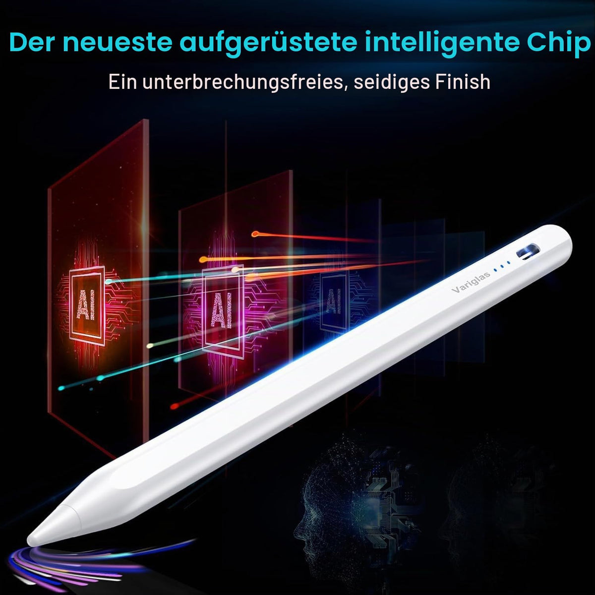 Variglas Stilou de introducere pentru iPad 2018-2026, 2 x încărcare rapidă, precizie pixel cu pixel, respingerea palmei, compatibil cu iPad 11(A16)/10/9/8/7/6, Pro M5/M4/13/12.9/11, Air 3/4/5/M2/M3/M4(2026), Mini 5/6/7 - V-ZG-Pen-01