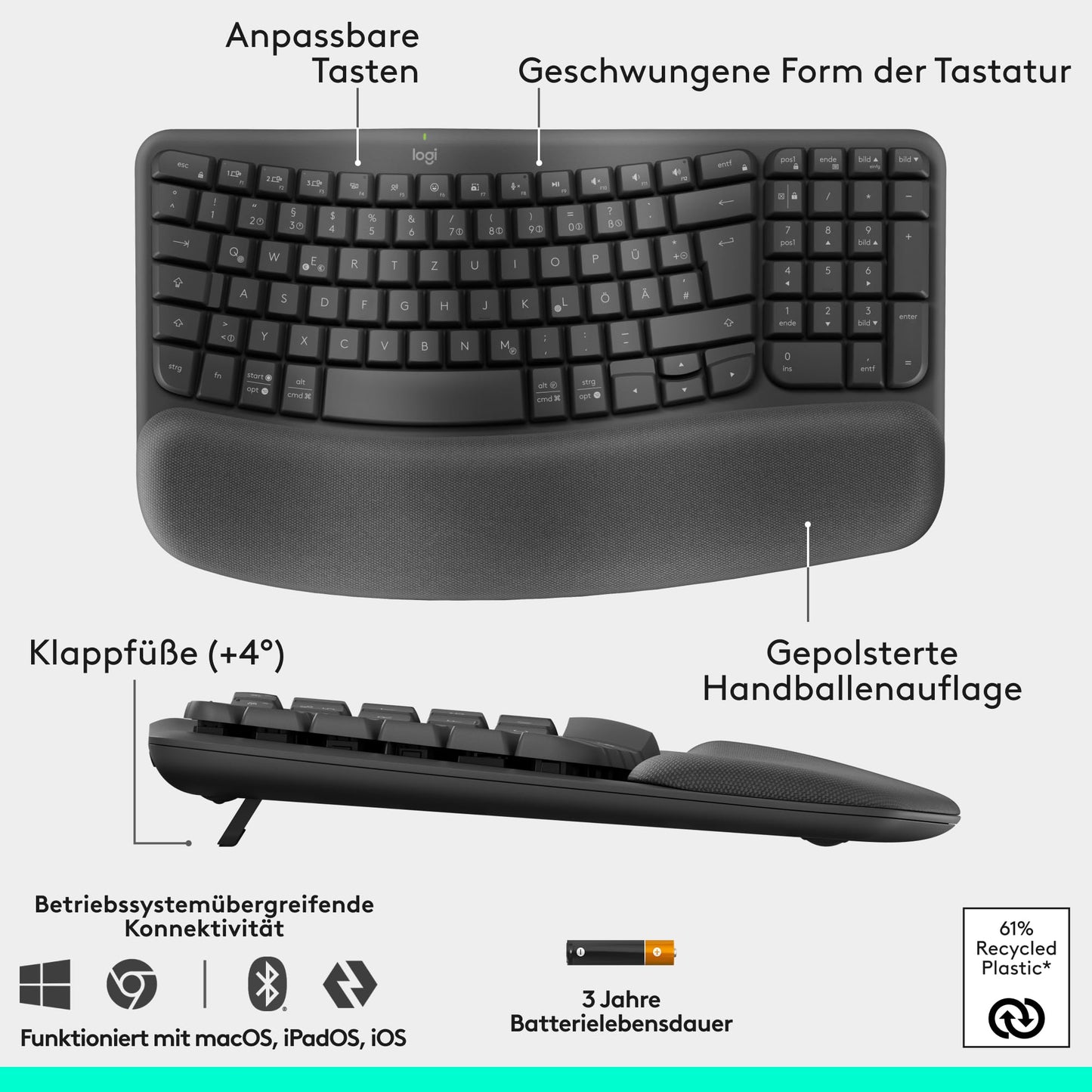 Logitech Wave Keys and Lift Vertical Mouse - Ergonomic Bundle - Wireless Keyboard with Padded Wrist Rest and Vertical Wireless Mouse - Bluetooth, Multi-OS, Windows/Mac - Graphite - 910-006473