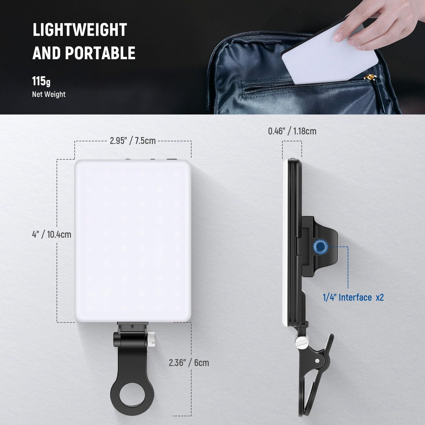 NEEWER Basic Clip On Selfie Light Compatible with iPhone, 2000mAh Rechargeable LED Video Light with Mobile Phone Clamp for Computer Webcam, Laptop, Zoom Video Conferences, Make Up Photography, NL-60AI