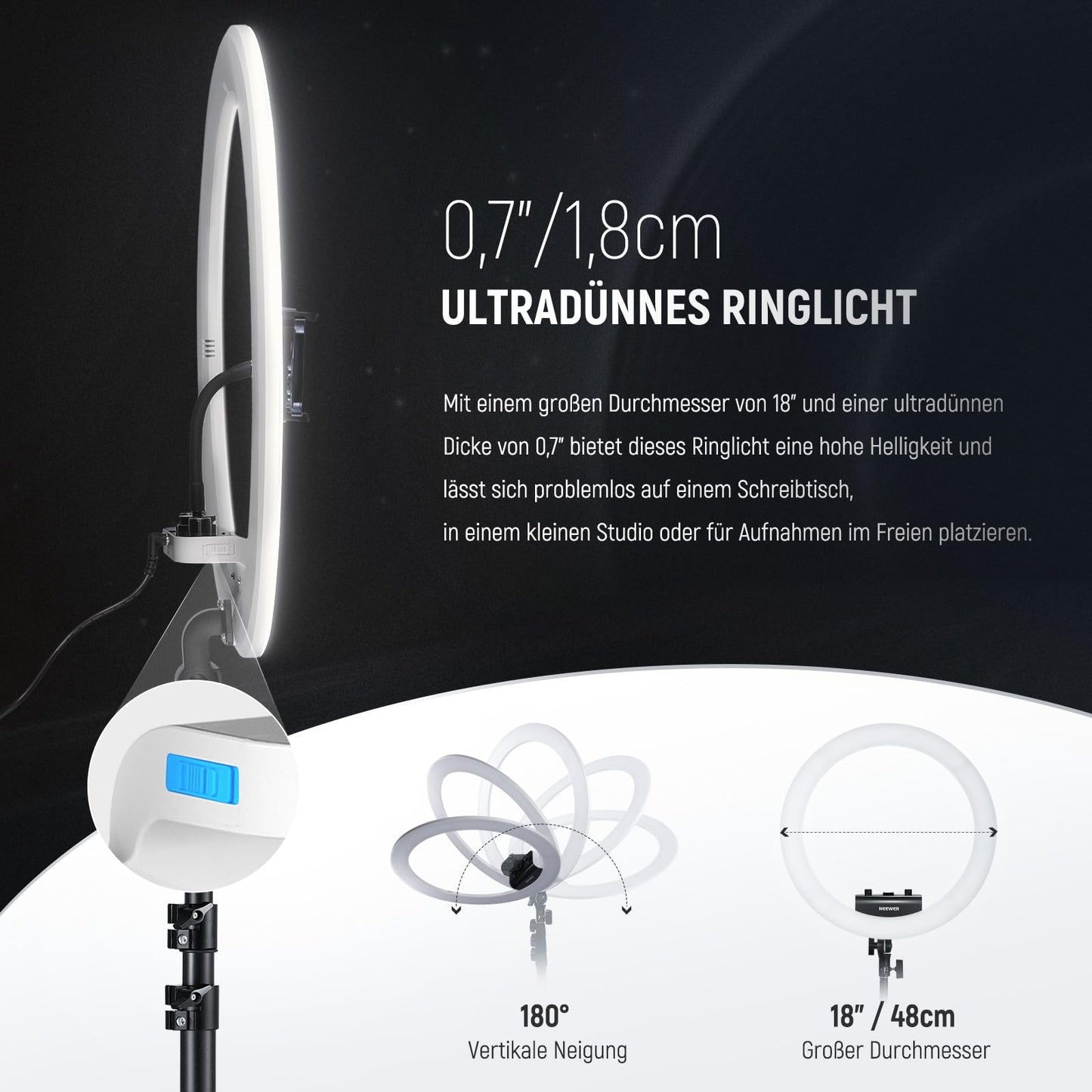 NEEWER Professional Ring Light with Stand and Phone Holder, 18" Thin, 45W 2900K-7000K TLCI98, Remote Shutter and App Control, Softer Lighting for Make up Live Stream TikTok, RP18B Pro White - 10103012