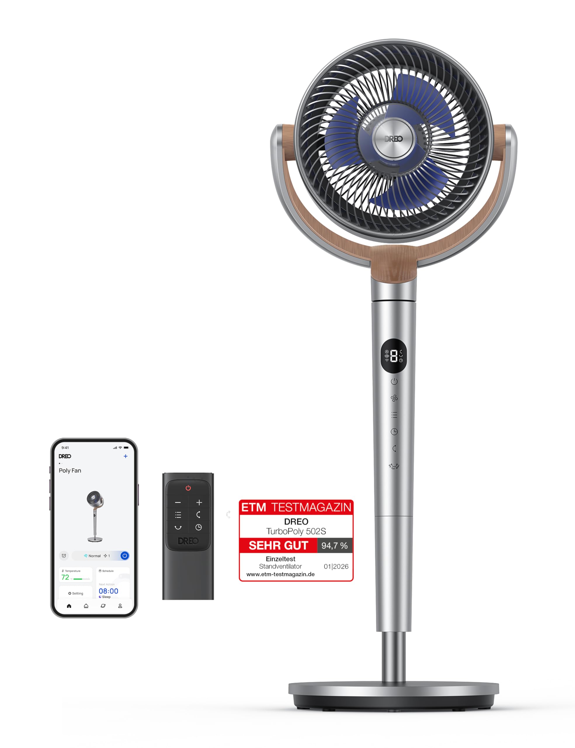 DREO Smart Pedestal Fan, 120°+120° Oscillating Fan with Wi-Fi/Voice Control, 20dB Quiet Floor Fan for Bedroom, Adjustable Height, 8 Speeds, 6 Modes, 12H Timer - DR-PF002S