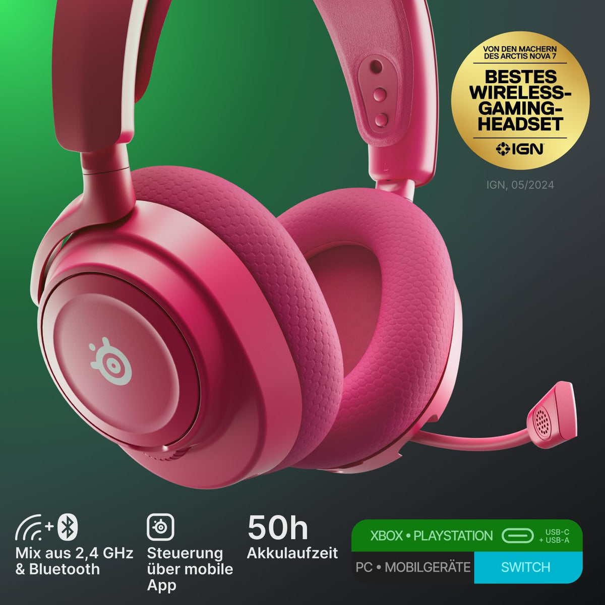 SteelSeries Arctis Nova 7X Wireless Gen 2 Xbox Gaming Headset - Real-time app control - Over 50 hours of battery life - 2.4 GHz/Bluetooth simultaneous connection - PC, PS5, PS4, Switch 1/2, mobile devices - 61760