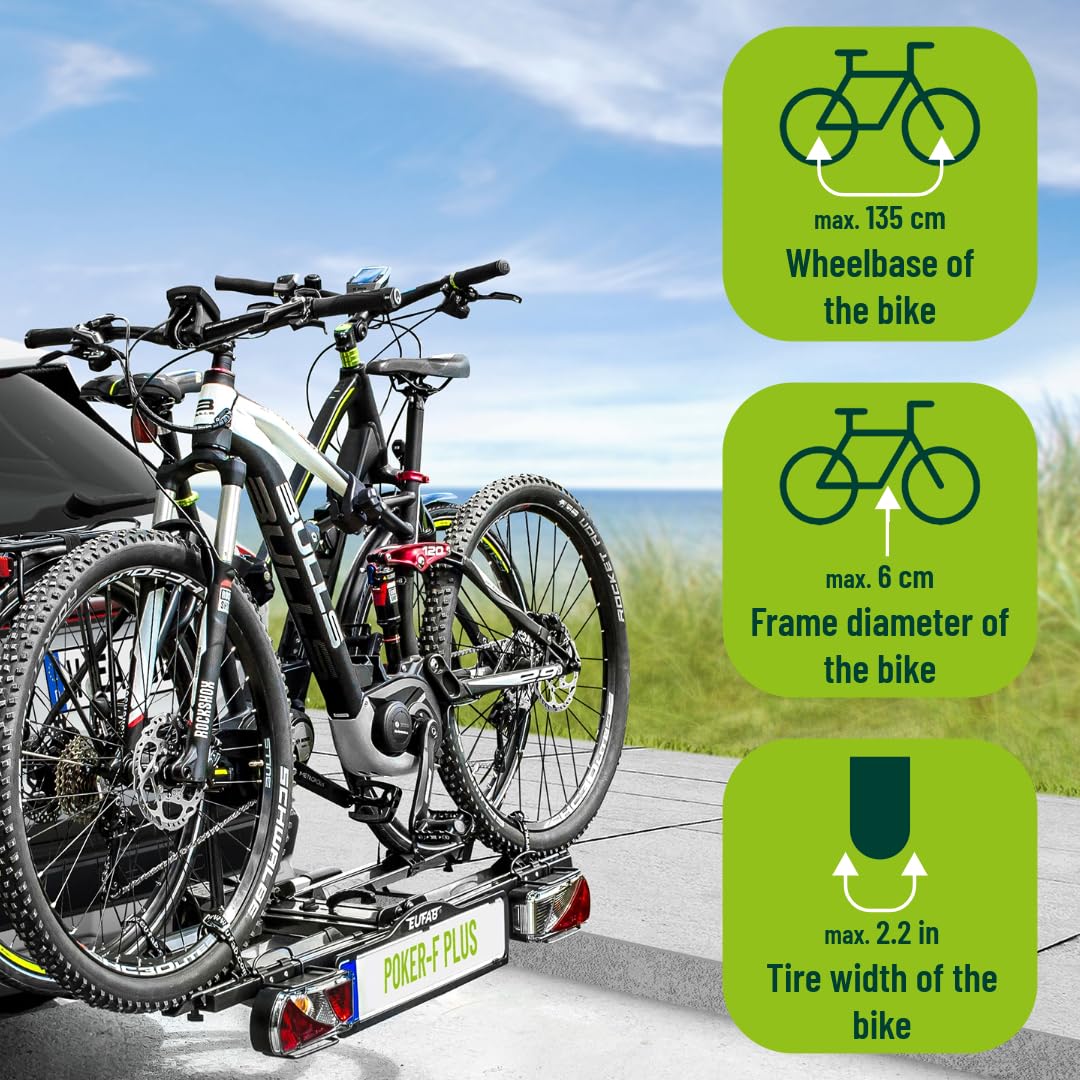 EUFAB 12012LASON bicycle carrier Poker-F Plus, EXCLUSIVE ON Amazon with lockable frame holders, suitable for e-bikes, completely pre-assembled, for 2 bicycles, for trailer hitch, black