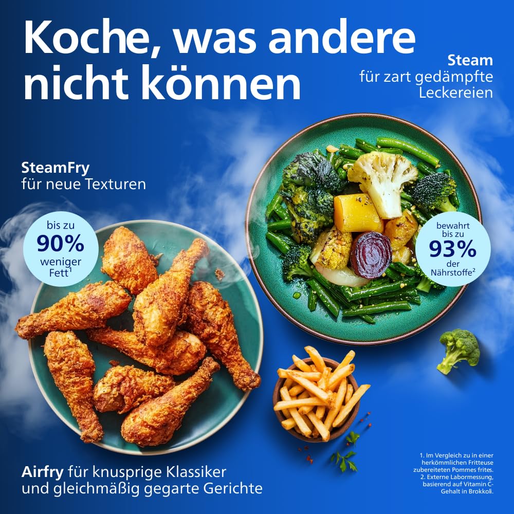 Philips Steam Airfryer 5000 Series Megabasket - Hot air fryer with steam function - Steam, Airfry, SteamFry, 9.5L Megabasket or 3L + 6L Dual Basket, basket separator, steam cleaning (NA565/00)
