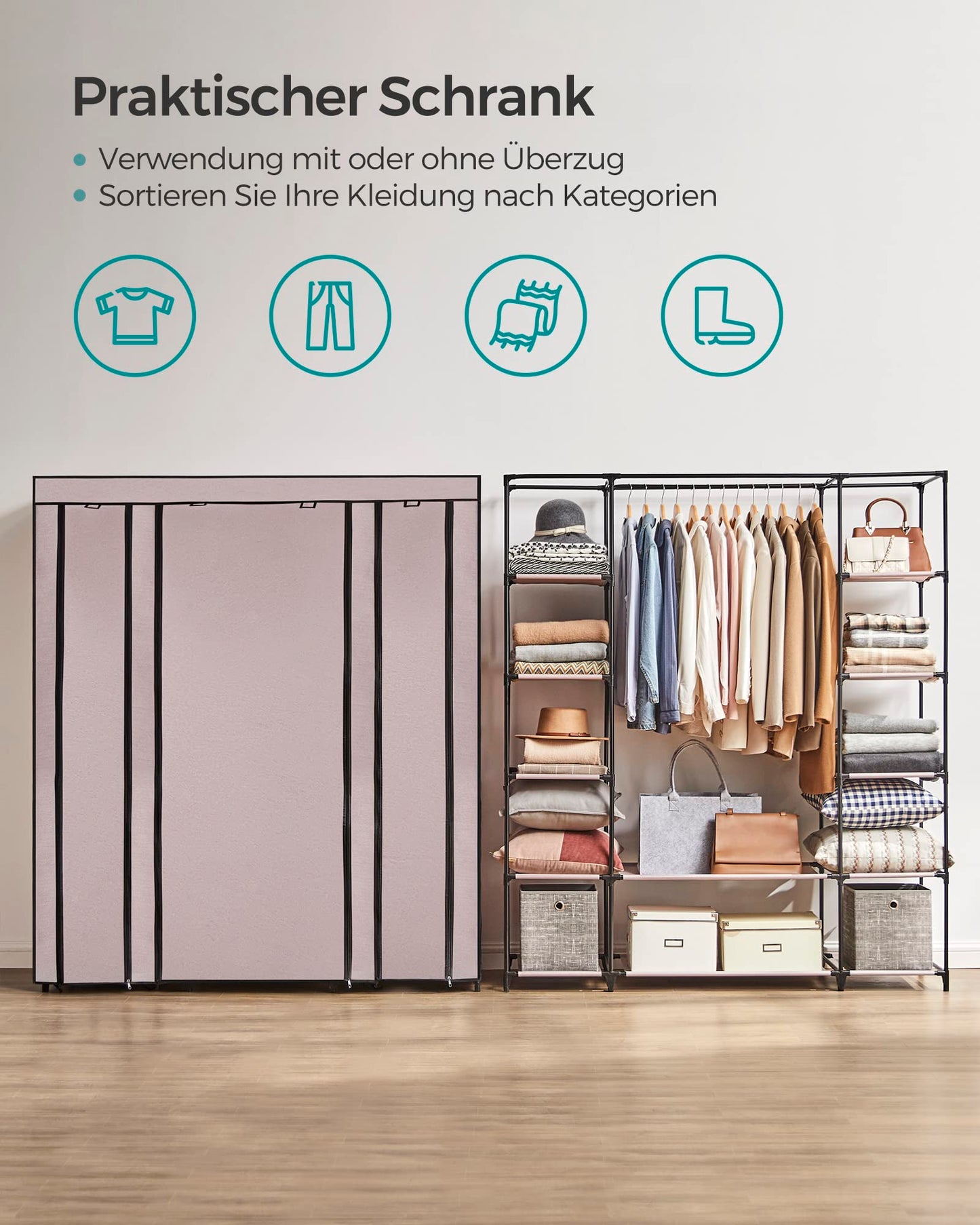 Songmics Fabric Wardrobe Portable Bedroom Clothes Rack with Fabric Cover 45 x 150 x 175 cm 12 Compartments Metal Structure Pink (Powder Pink) LSF003P02