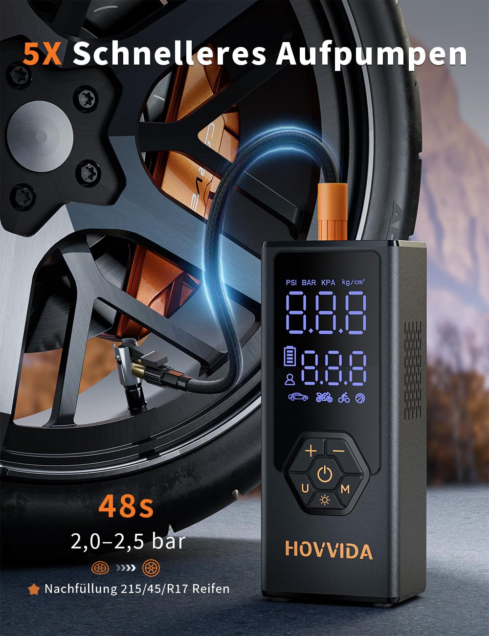 HOVVIDA Electric Air Pump, Portable Battery Bicycle Pump, 7800 mAh Battery, 12V DC, 10.3Bar (150 PSI), 40L/min Air Flow, Quick Inflation, Portable Air Pump for MPV, SUV, Car, Motorcycle, Bicycle, Ball - AM41J3