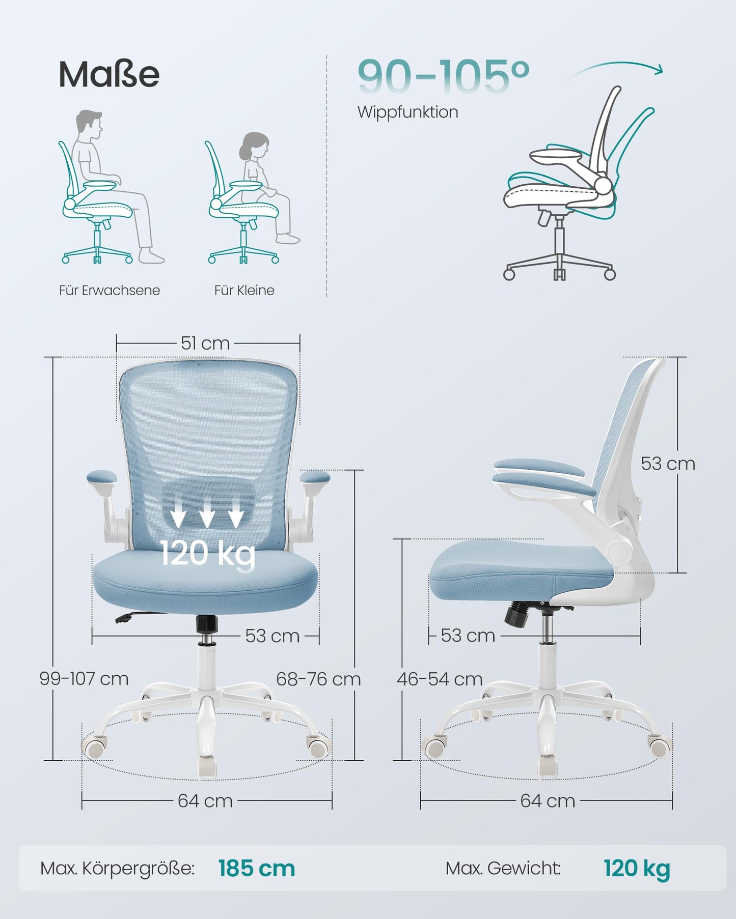 SONGMICS ergonomic office chair, swivel chair with mesh, lumbar support, rocker function, 53 cm seat, folding armrests, study and bedroom, students, fog blue OBN037Q01