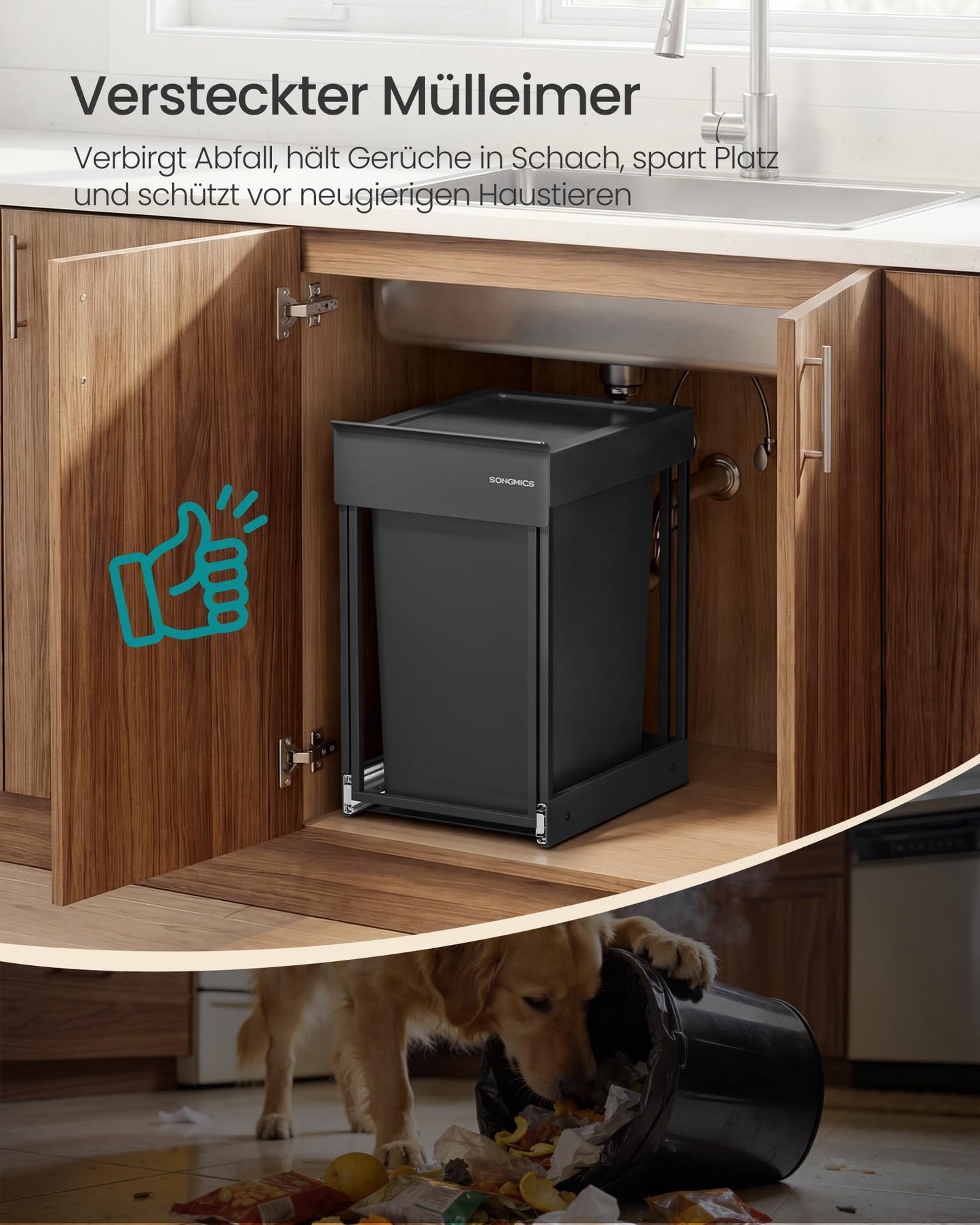 SONGMICS Kitchen Trash Can for Base Cabinet, 1 x 20 L, Extendable Trash Can, Steel Frame, ABS Lid, Ink Black LTB920BZ01