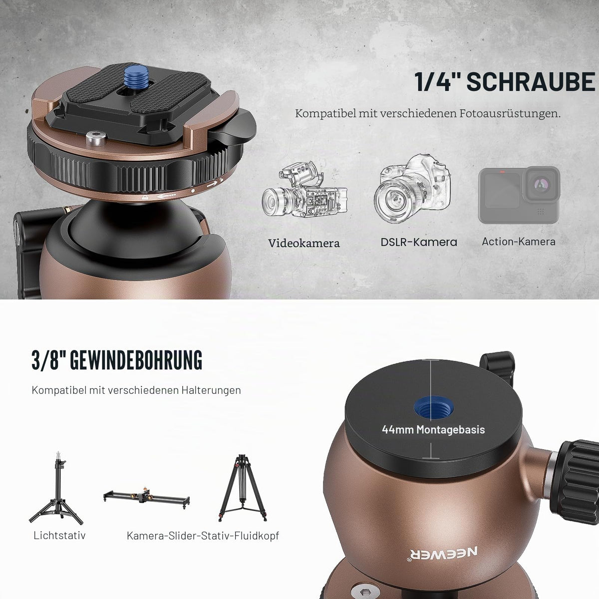 NEEWER Tripod Head Ball Head Tripod Mount Adapter, flat tripod head, ball mount, quick release with 1/4" QR plate, compatible with Peak Design Capture Camera Clip, max load 10kg, GM32 - GM32/40mm