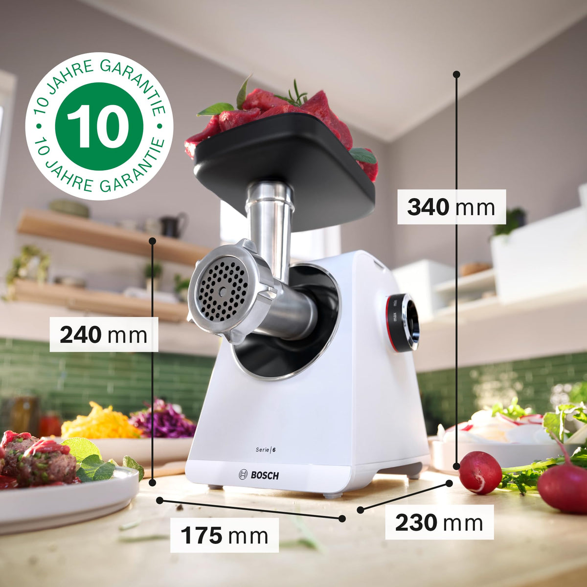 Bosch MultiPower Series 6 Meat Grinder MFWS607W, 2 grinding discs (4.5 and 8 mm), stainless steel, dishwasher safe, kebbe and sausage attachment, motor block power 2,100 W, white