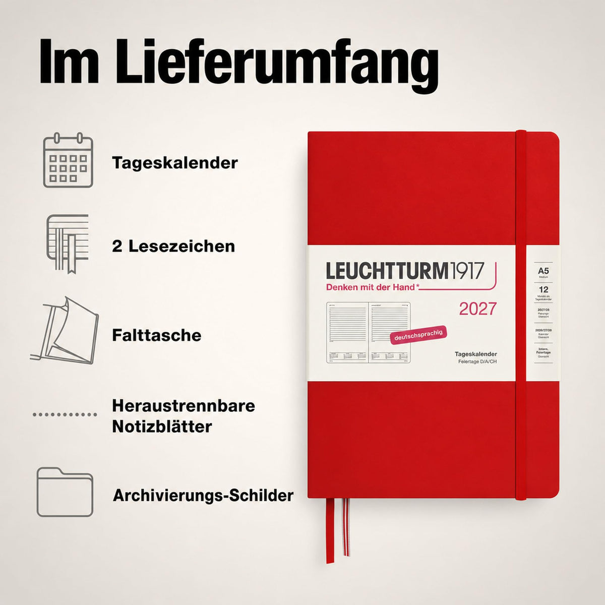 LEUCHTTURM1917 Daily Calendar 2027 Medium (A5) - German, Cherry, 145 x 210 mm, January-December (12 months), 1 page per day, hourly grid 7:00-22:00, hardcover, 80 g/m² paper - 400159