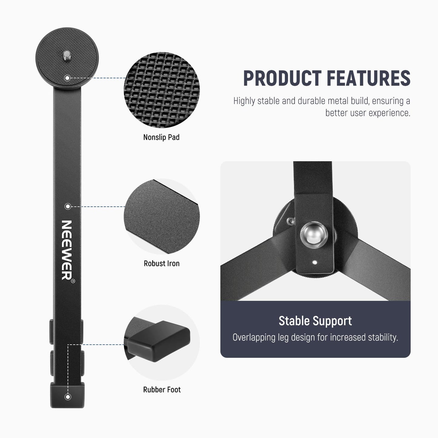 NEEWER Metal Mini Tripod Base for TL120C TL60 CL124 Tube Light Wall Stick, Extra Stable Foldable Handheld Tripod Legs Feet Table Lamp Stand with 1/4" Screw, Silicone Pad, 3"/8cm Low Angle, CTN5