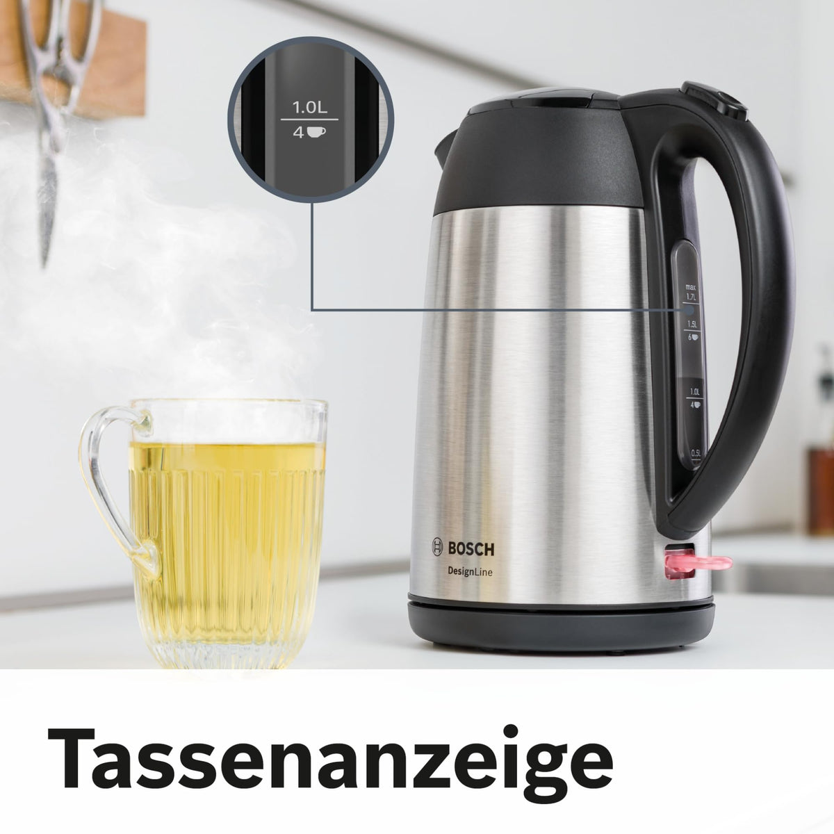 Bosch cordless kettle DesignLine TWK3P420, spill-free pouring, cup indicator, overheating protection, 1.7 L, 2400 W, stainless steel/black