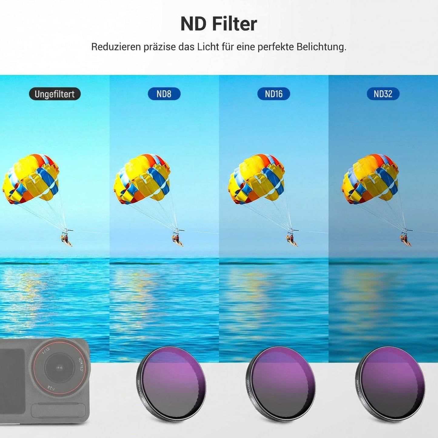 NEEWER ND filter set compatible with DJI Osmo Action 5 Pro/4/3 (pack of 4), ND8/16/32 CPL circular polarization filter, polarizing filter, gray filter, snap-on action cam accessory with lens cap, FLA01 - 10107951
