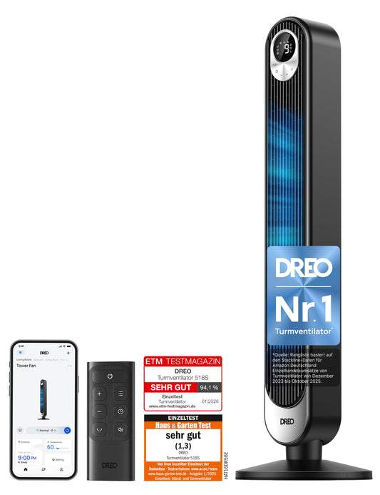 Dreo Smart 20dB DC Motor Tower Fan Quiet, 11M Wind Distance Fan with Remote Control, 9 Levels 4 Modes, 90° Oscillating Stand Fan with Voice Control for Bedroom, 12H Timer - DR-HTF018S