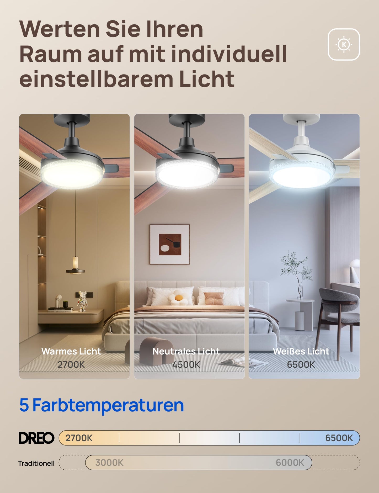 DREO Ceiling Fan with Light and Remote Control, 52" Black Ceiling Fan, 5 CCT Color Temperatures, 6 Level Dimmable, 6 Speeds, Quiet Reversible DC Motor, 1/4/8 Hour Timer - DR-HCF004