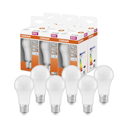 Osram LED Star Classic A75 LED Lamp for E27 socket, bulb shape, FR, 1055 lumens, daylight white (6500K), replacement for traditional 75W incandescent bulbs, non-dimmable, 6-pack - 4099854023194
