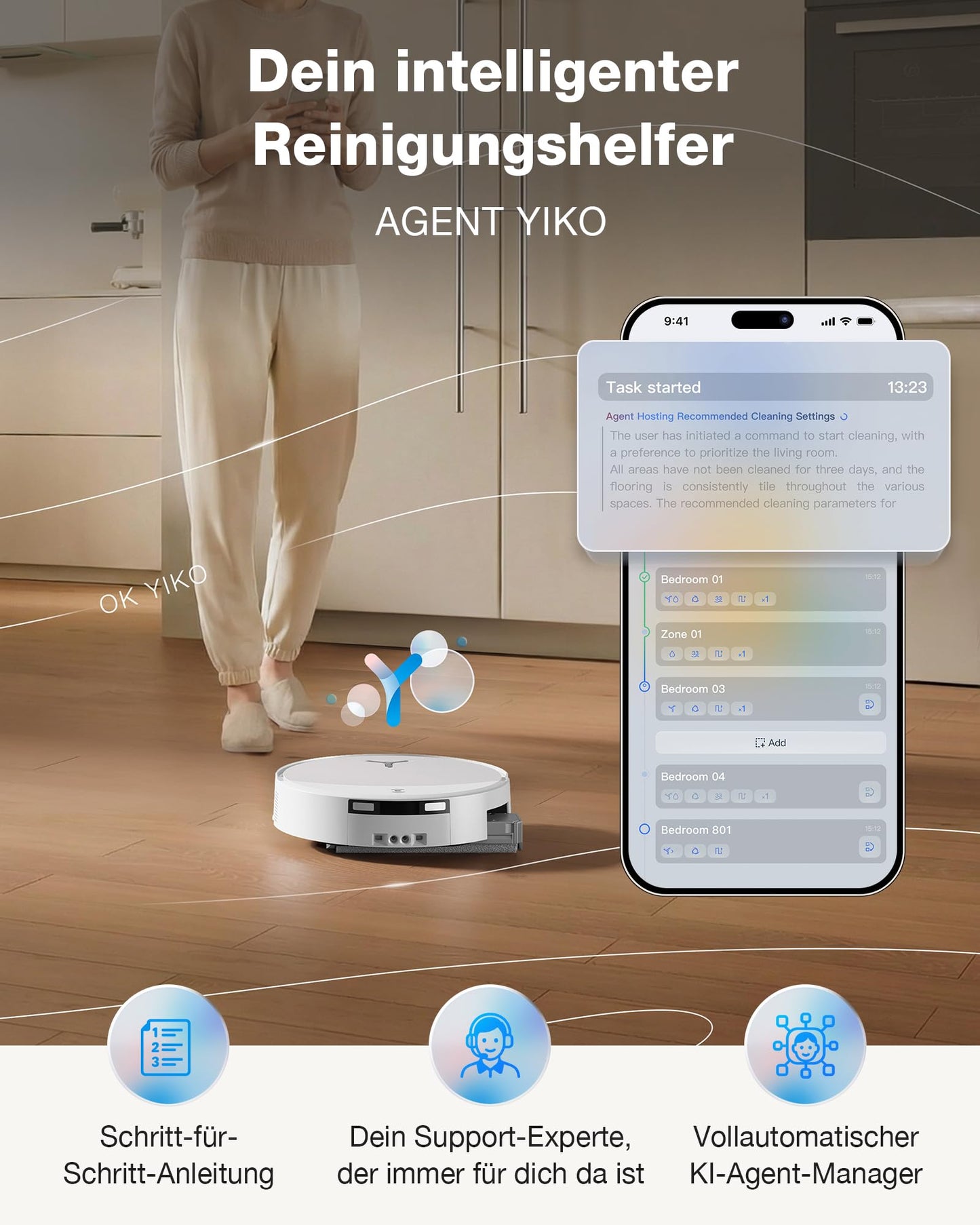 ECOVACS DEEBOT T90 PRO Omni robot vacuum cleaner with mopping function, robot vacuum cleaner 30,000 Pa, quick charging with PowerBoost, OZMO Roller 3.0 with TruEdge, automatic dosing of the cleaning solution, white