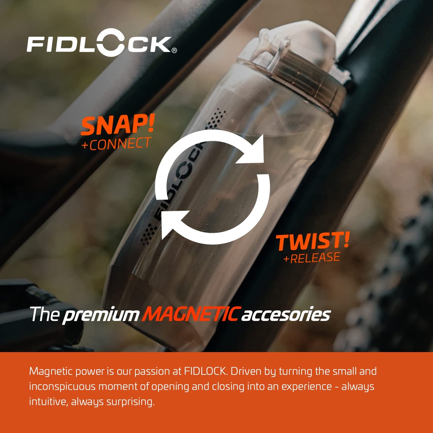 Fidlock TWIST bottle 590 + bike base – 590 ml bicycle drinking bottle with magnetic-mechanical bottle holder system, including holder, BPA-free & dishwasher safe, smoke color - 09636TBL