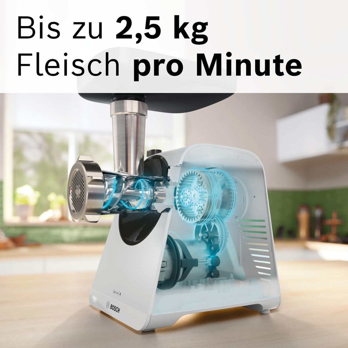 Bosch Răzătoare de carne Serie 4, 2 discuri de tăiere (3 / 8mm) din oțel inoxidabil, lavabile în mașina de spălat vase, electrică, puternică, compactă, 2 trepte, umplutură de cârnați, 1.900 W, alb/negru, MultiPower MFWS420W
